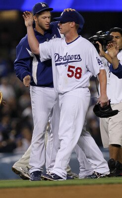 LOS ANGELES, CA - JULY 21:  Pitcher Chad Billingsley #58 of the Los Angeles Dodgers is congratulated by fellow pitcher Clayton Kershaw #22 after his complete game shutout against the San Francisco Giants on July 21, 2010 at Dodger Stadium in Los Angeles,