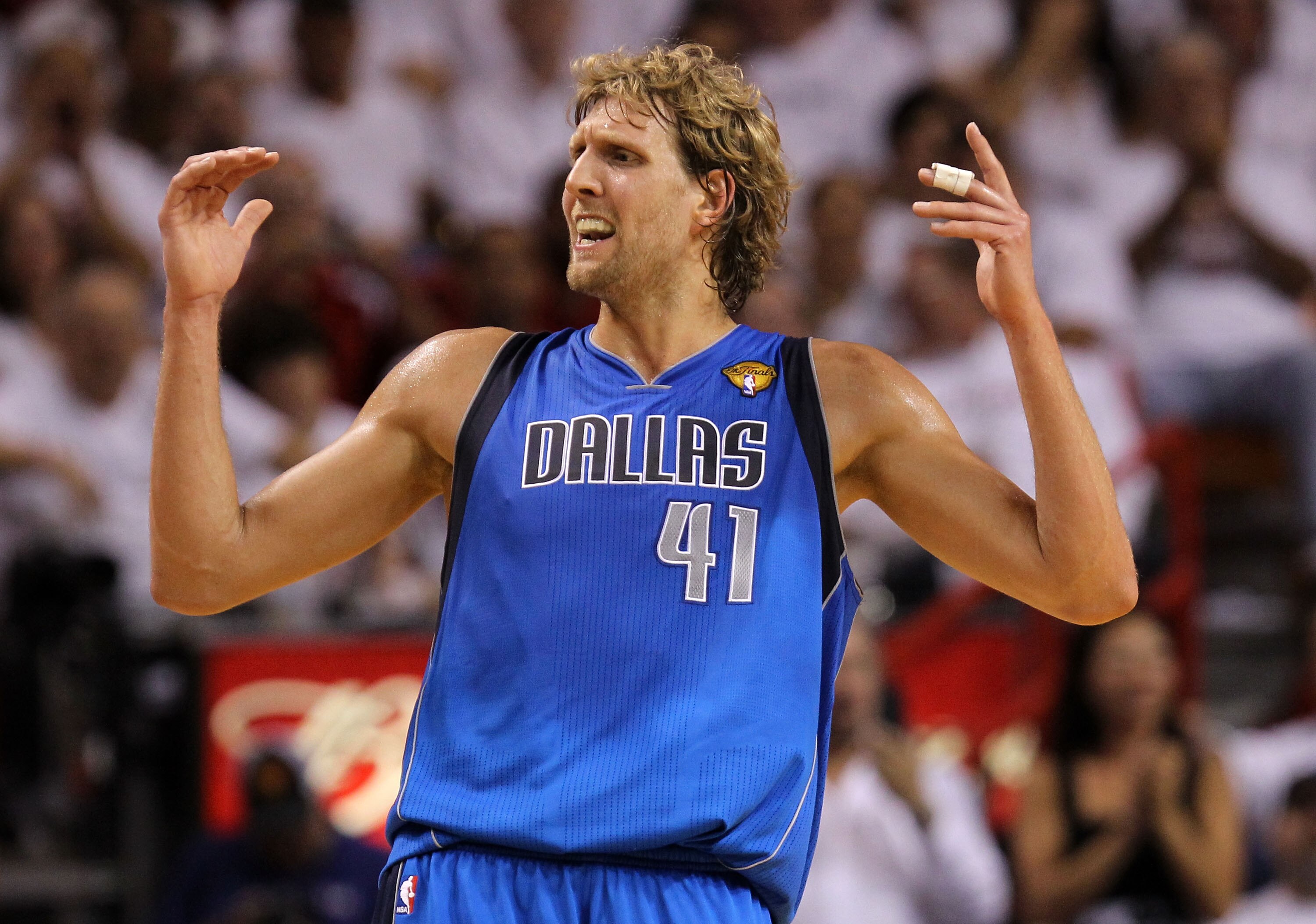 MIAMI, FL - JUNE 02:  Dirk Nowitzki #41 of the Dallas Mavericks reacts against the Miami Heat in Game Two of the 2011 NBA Finals at American Airlines Arena on June 2, 2011 in Miami, Florida. NOTE TO USER: User expressly acknowledges and agrees that, by do