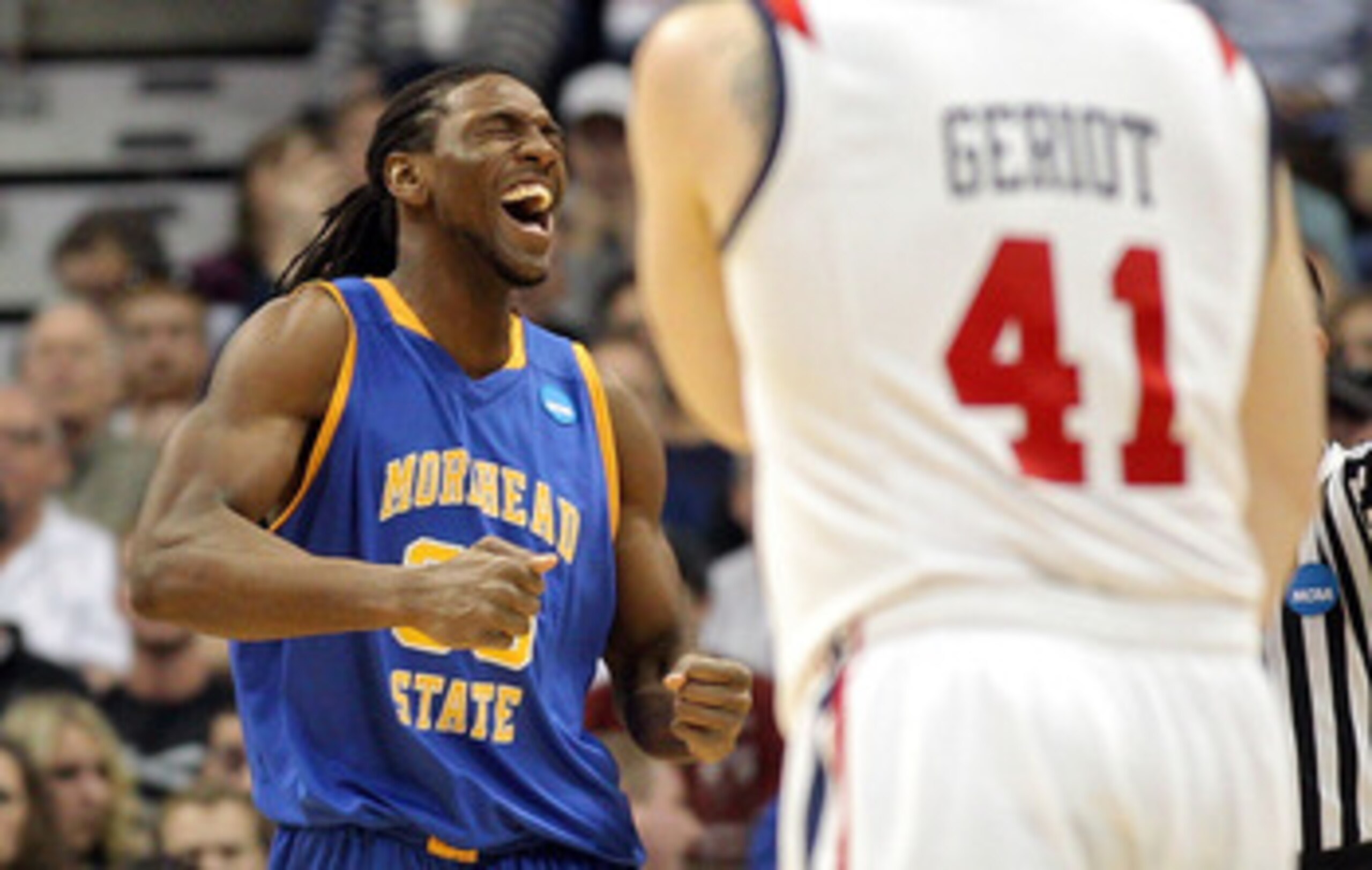 DENVER, CO - MARCH 19:  Kenneth Faried #35 of the Morehead State Eagles dunks reacts after a play against the Richmond Spiders during the third round of the 2011 NCAA men's basketball tournament at Pepsi Center on March 19, 2011 in Denver, Colorado.  (Pho