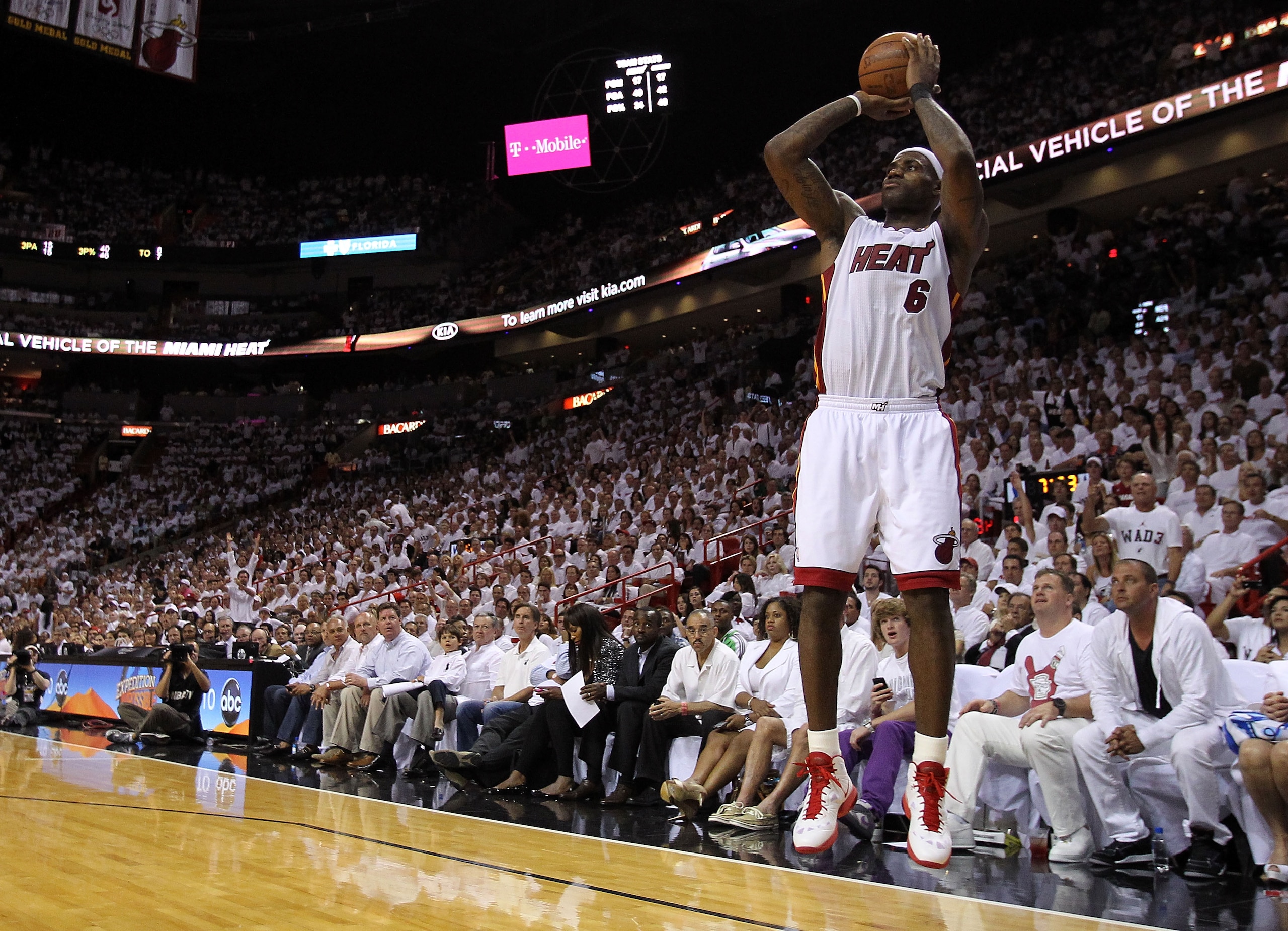 MIAMI, FL - MAY 31:  LeBron James #6 of the Miami Heat shoots a three-pointer while taking on the Dallas Mavericks in Game One of the 2011 NBA Finals at American Airlines Arena on May 31, 2011 in Miami, Florida. NOTE TO USER: User expressly acknowledges a
