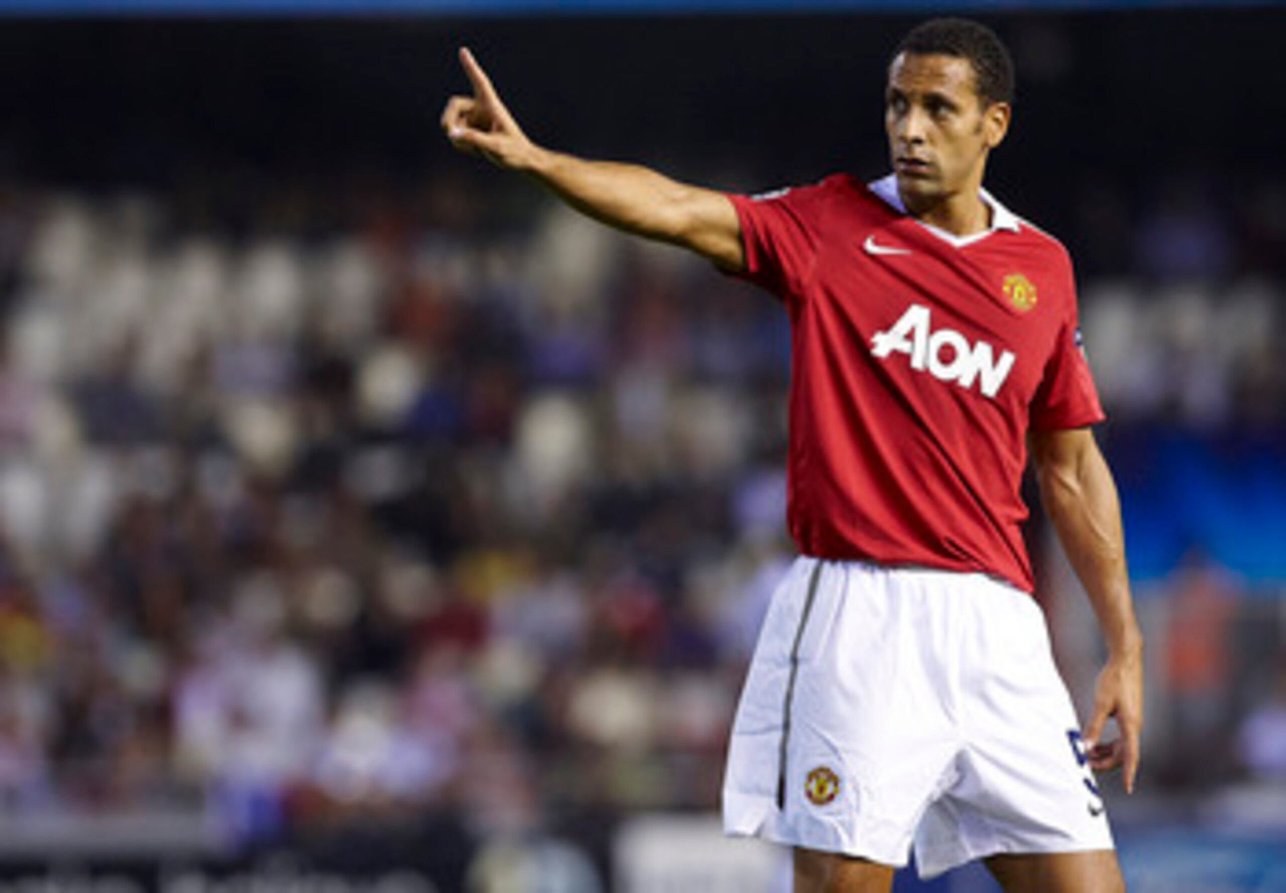 VALENCIA, SPAIN - SEPTEMBER 29:  Rio Ferdinand of Manchester United reacts during the UEFA Champions League group C match between Valencia and Manchester United on September 29, 2010 in Valencia, Spain. Manchester United 1-0.  (Photo by Manuel Queimadelos