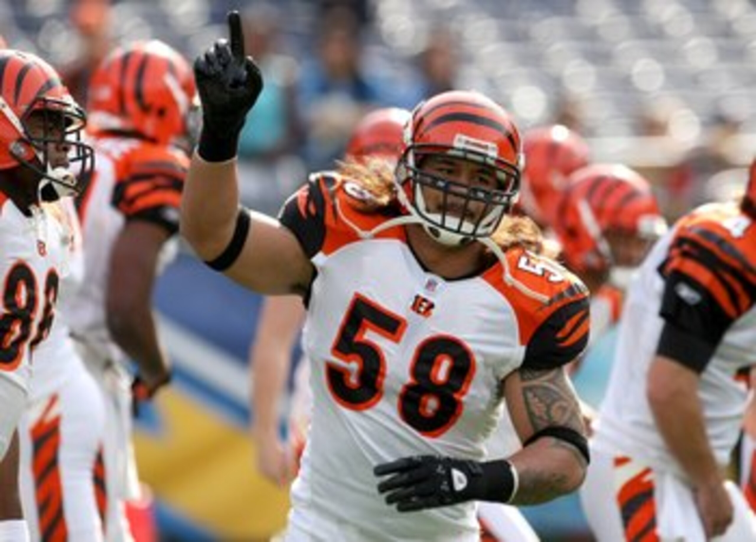 SAN DIEGO - DECEMBER 20:  Linebacker Rey Maualuga #58 of the Cincinnati Bengals on the field in warmups against the San Diego Chargers on December 20, 2009 at Qualcomm Stadium in San Diego, California.  The Chargers won 27-24.  (Photo by Stephen Dunn/Gett