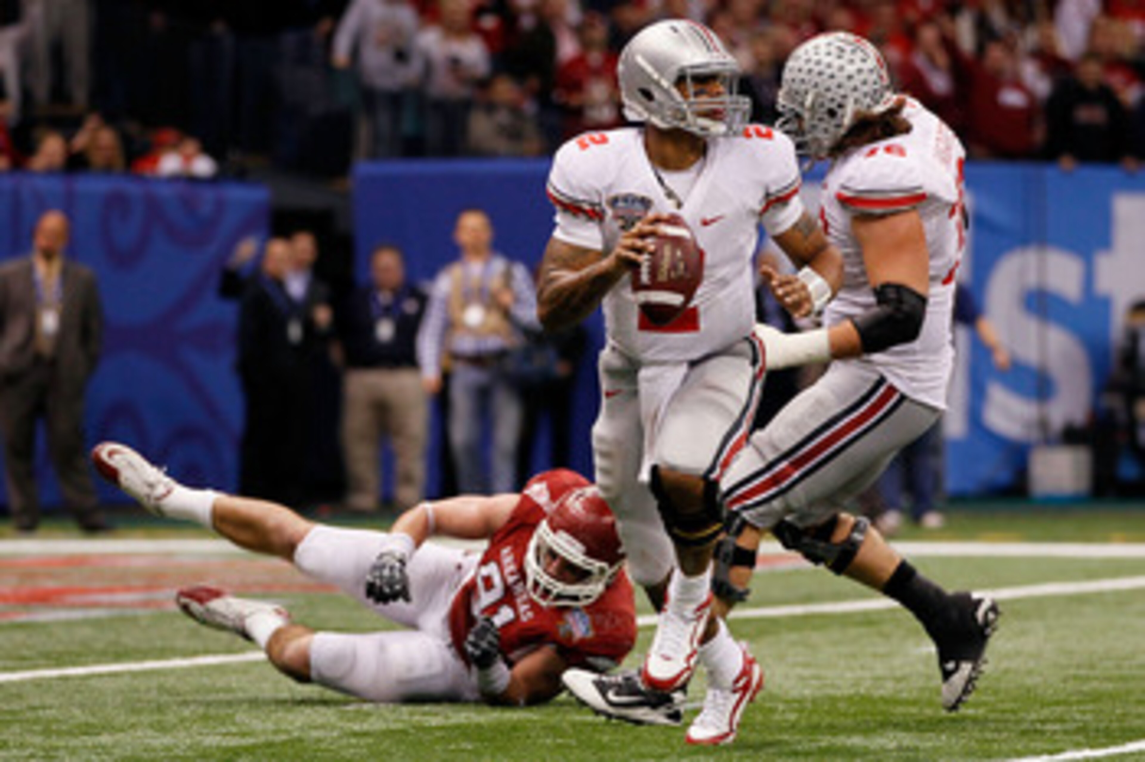 NEW ORLEANS, LA - JANUARY 04:  Quarterback Terrelle Pryor #2 of the Ohio State Buckeyes looks to run against the Arkansas Razorbacks during the Allstate Sugar Bowl at the Louisiana Superdome on January 4, 2011 in New Orleans, Louisiana.  (Photo by Kevin C