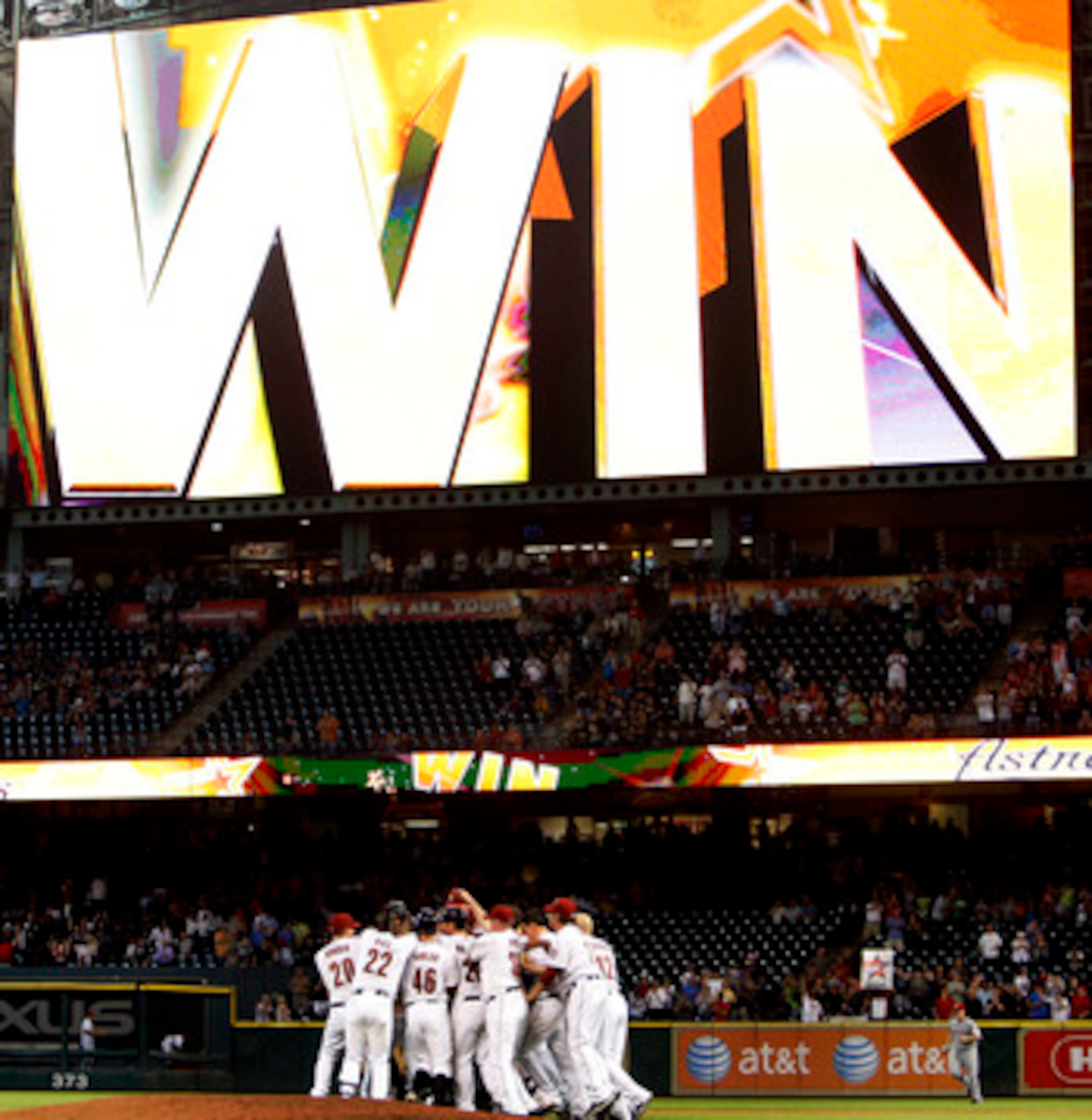 HOUSTON - MAY 11:  The Houston Astros celebrate a 4-3 win over the Cincinnati Reds after a Hunter Pence #9 of the Houston Astros  doubles to left field scoring J.R. Towles from first base at Minute Maid Park on May 11, 2011 in Houston, Texas.  (Photo by B