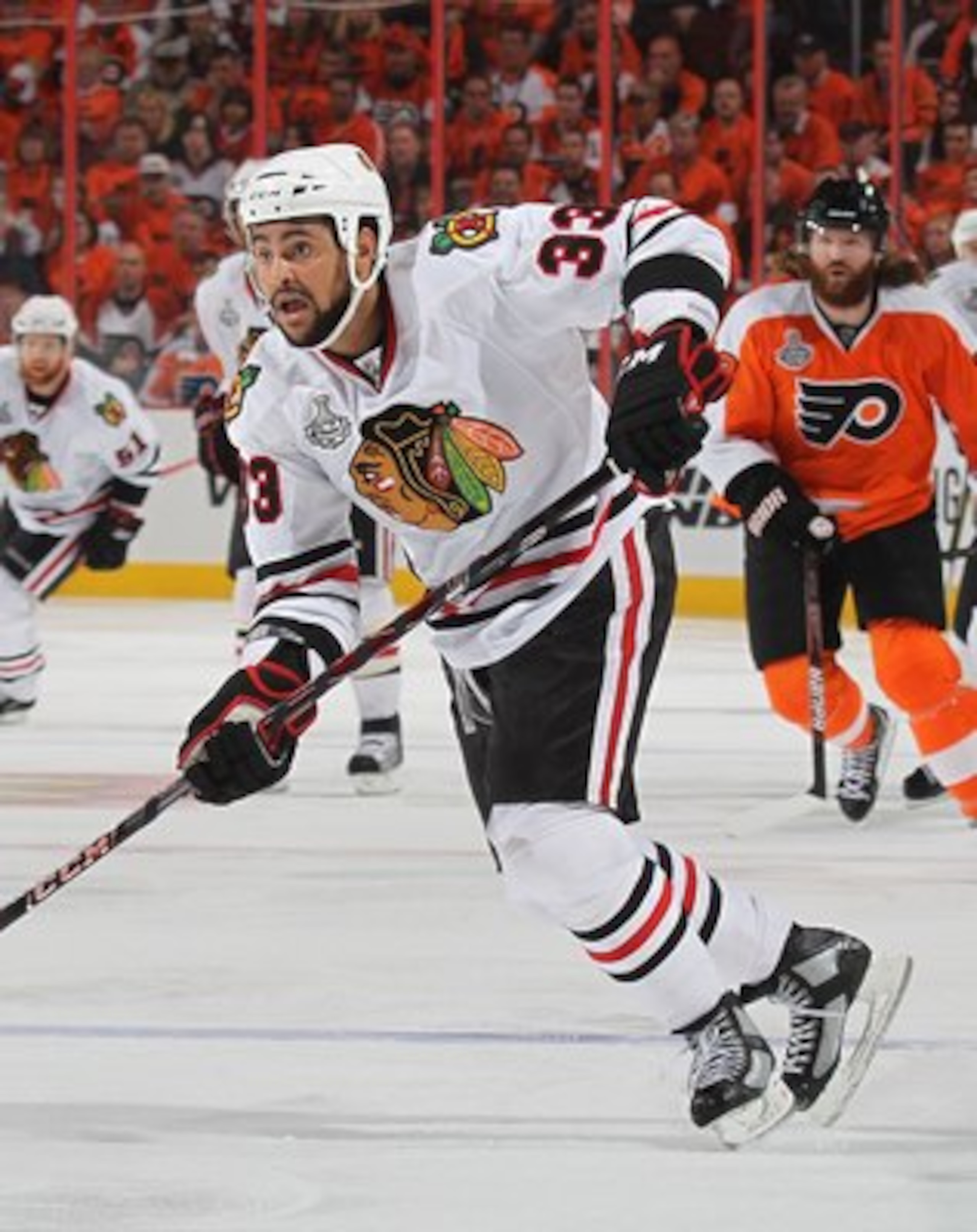 PHILADELPHIA - JUNE 09:  Dustin Byfuglien #33 of the Chicago Blackhawks skates against the Philadelphia Flyers during Game Six of the 2010 NHL Stanley Cup Final at the Wachovia Center on June 9, 2010 in Philadelphia, Pennsylvania.  (Photo by Bruce Bennett