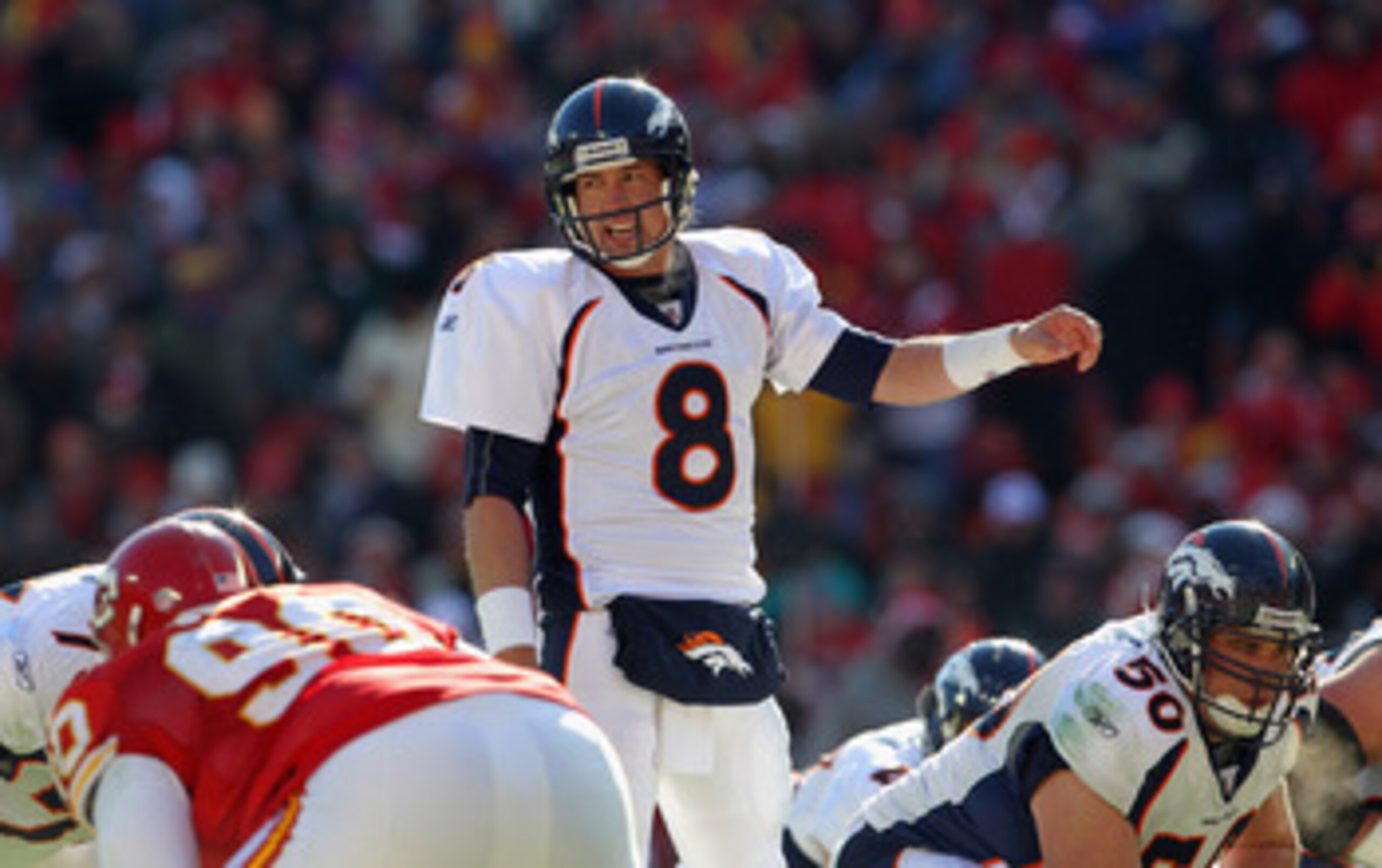 KANSAS CITY, MO - DECEMBER 05:  Quarterback Kyle Orton #8 of the Denver Broncos in action during the game against the Kansas City Chiefs on December 5, 2010 at Arrowhead Stadium in Kansas City, Missouri.  (Photo by Jamie Squire/Getty Images)