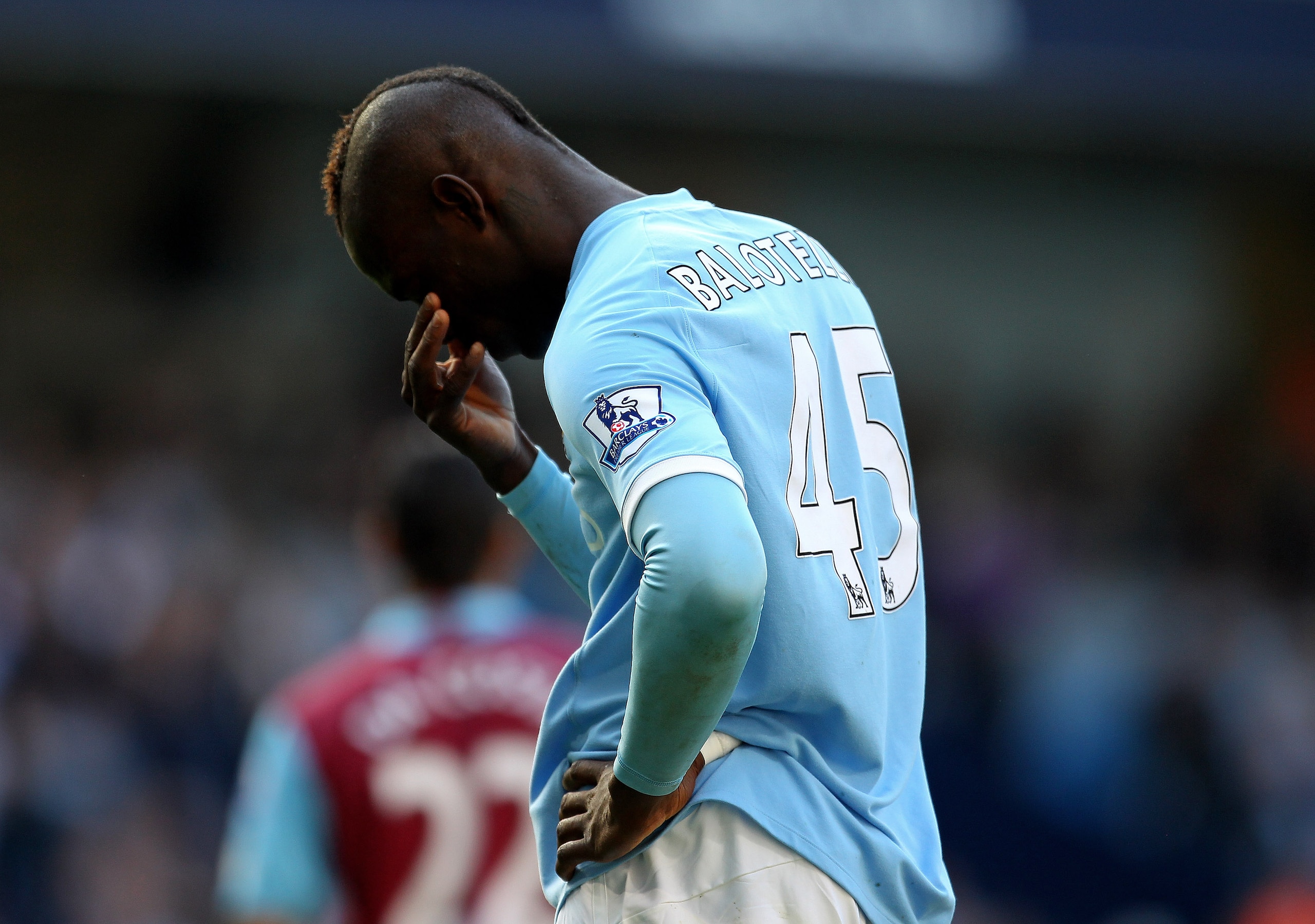 MANCHESTER, ENGLAND - MAY 01:  Mario Balotelli of Manchester City reacts during the Barclays Premier League match between Manchester City and West Ham United at the City of Manchester Stadium on May 1, 2011 in Manchester, England.  (Photo by Alex Livesey/