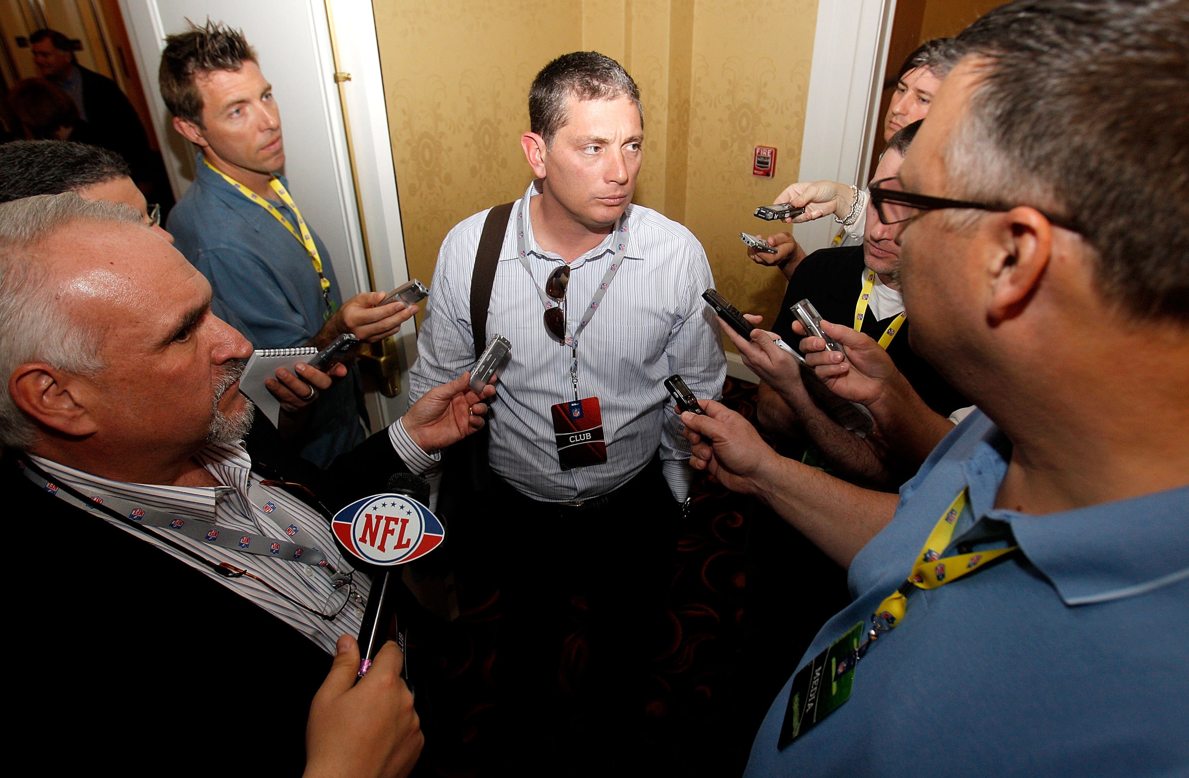 NEW ORLEANS, LA - MARCH 21: Detroit Lions head coach Jim Schwartz anwers questions from the media while attending the NFL Annual Meetings at the Roosevelt Hotel on March 21, 2011 in New Orleans, Louisiana. Despite a NFL owners imposed lockout in effect s NEW ORLEANS, LA - MARCH 21: Detroit Lions head coach Jim Schwartz anwers questions from the media while attending the NFL Annual Meetings at the Roosevelt Hotel on March 21, 2011 in New Orleans, Louisiana. Despite a NFL owners imposed lockout in effect s