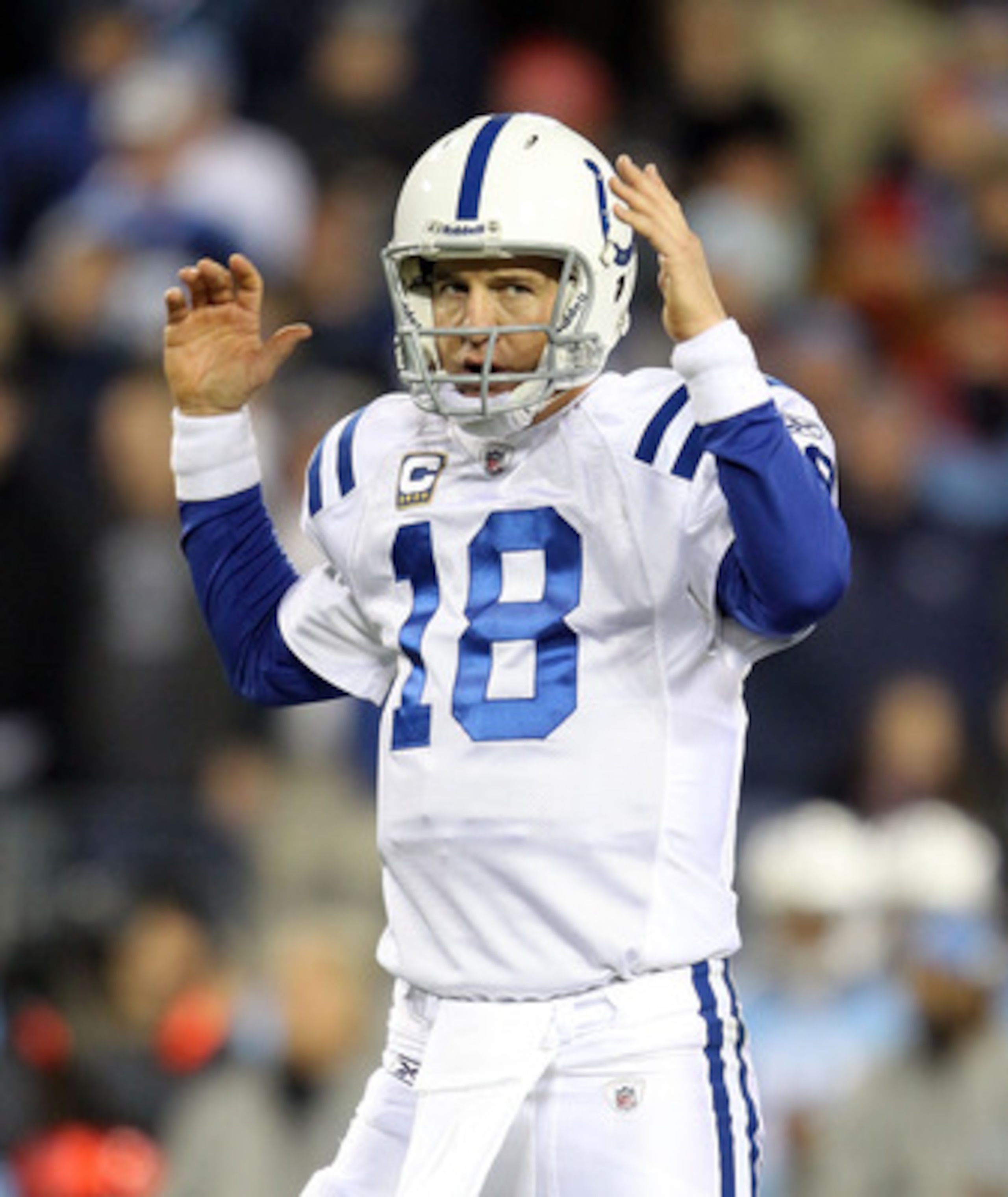 NASHVILLE, TN - DECEMBER 09:  Peyton Manning #18 of the Indianapolis Colts celebrates a touchdown during the NFL game against the Tennessee Titans  at LP Field on December 9, 2010 in Nashville, Tennessee.  (Photo by Andy Lyons/Getty Images)