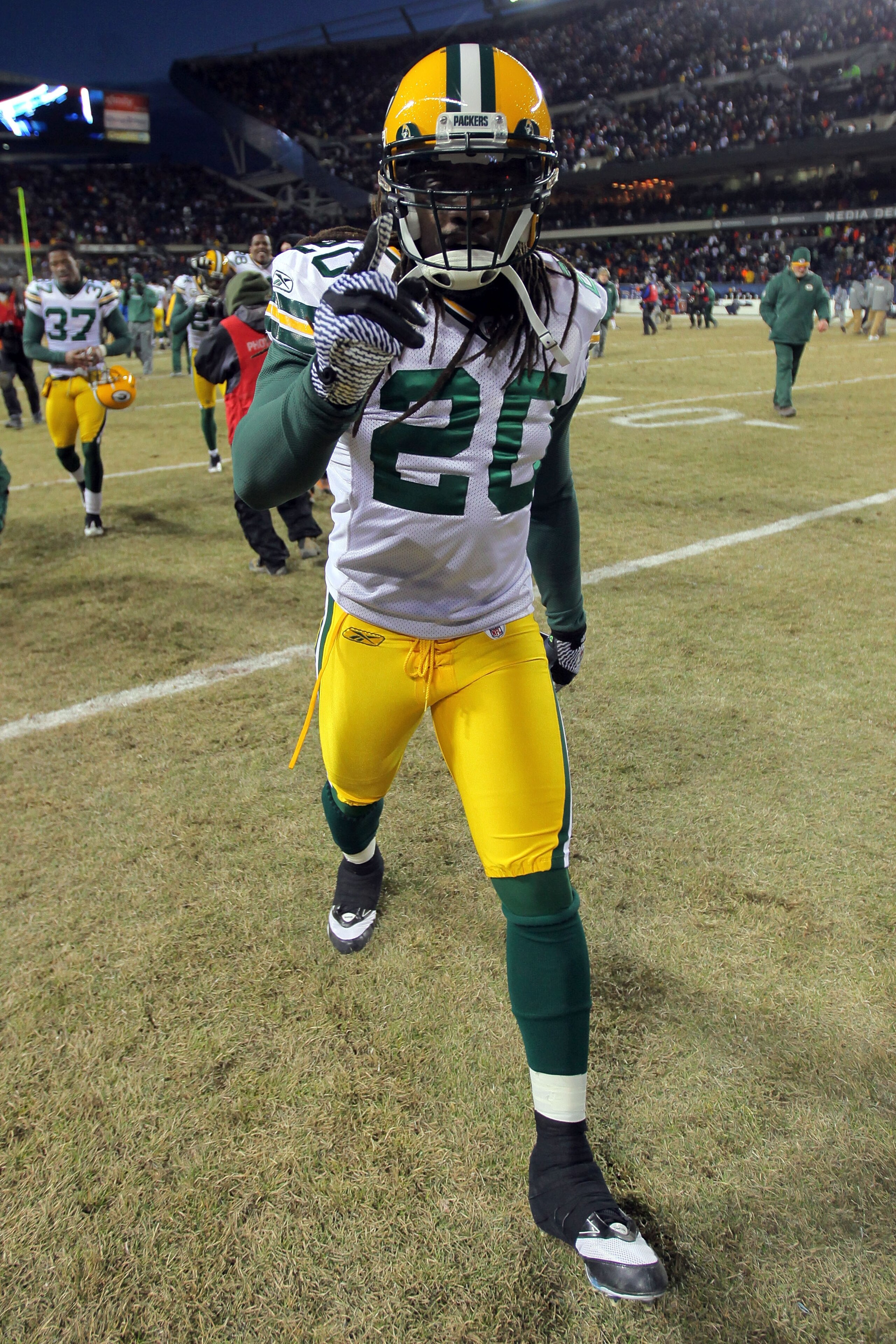 CHICAGO, IL - JANUARY 23:  Atari Bigby #20 of the Green Bay Packers celebrates after the Packers 21-14 victory against the Chicago Bears in the NFC Championship Game at Soldier Field on January 23, 2011 in Chicago, Illinois.  (Photo by Doug Pensinger/Gett