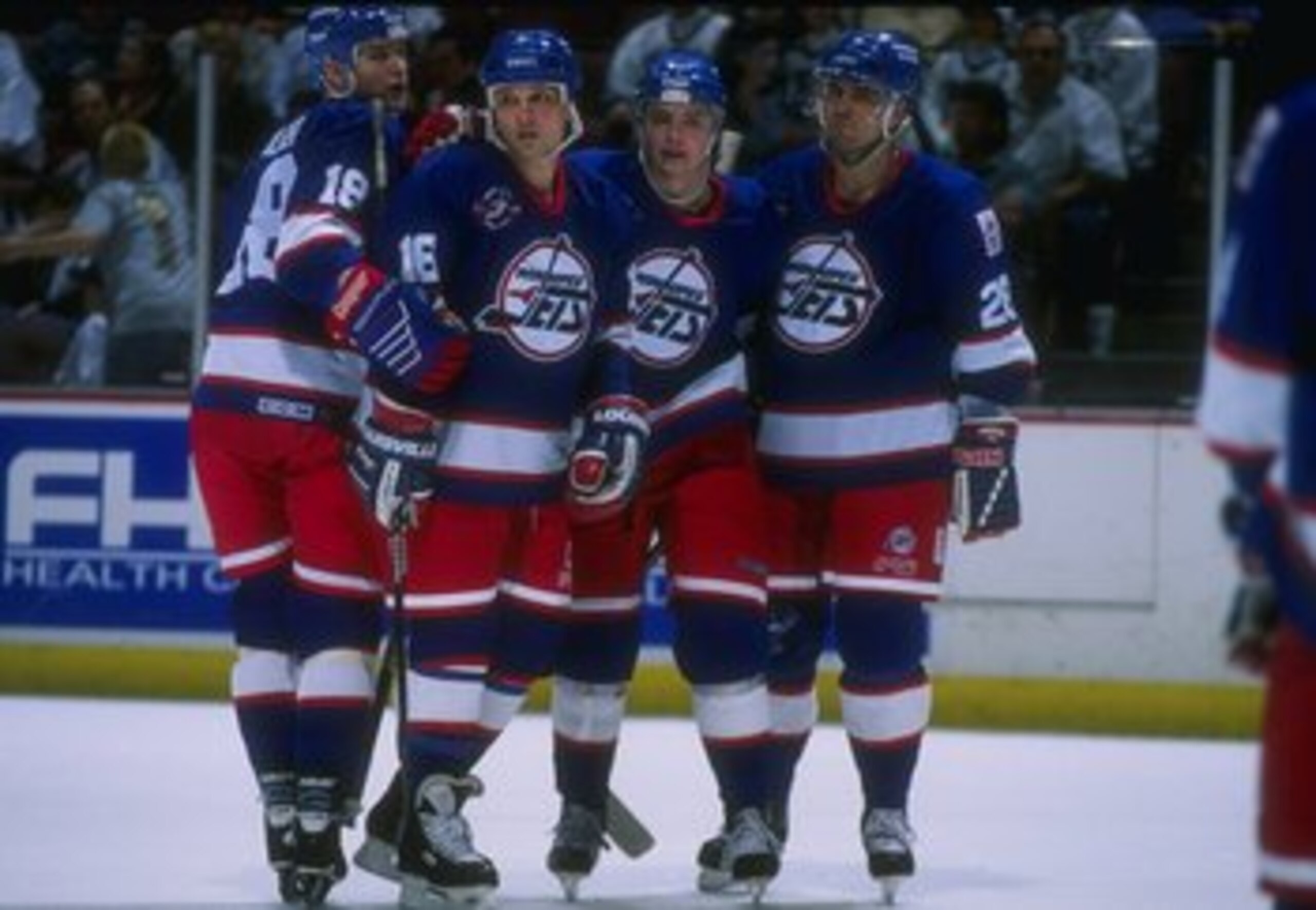 14 Apr 1996:  The Winnipeg Jets celebrate during a game against the Anaheim Mighty Ducks at Arrowhead Pond in Anaheim, California.  The Ducks won the game, 5-2. Mandatory Credit: Glenn Cratty  /Allsport