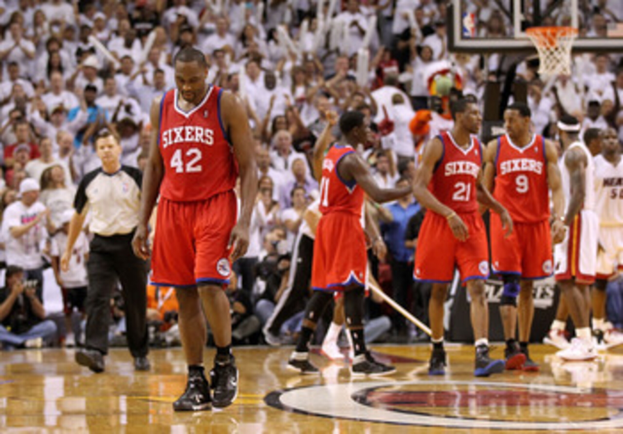 MIAMI, FL - APRIL 27:  Elton Brand #42 of the Philadelphia 76ers walks off the floor after fouling out during game five of the Eastern Conference Quarterfinals in the 2011 NBA Playoffs against the Miami Heat at American Airlines Arena on April 27, 2011 in