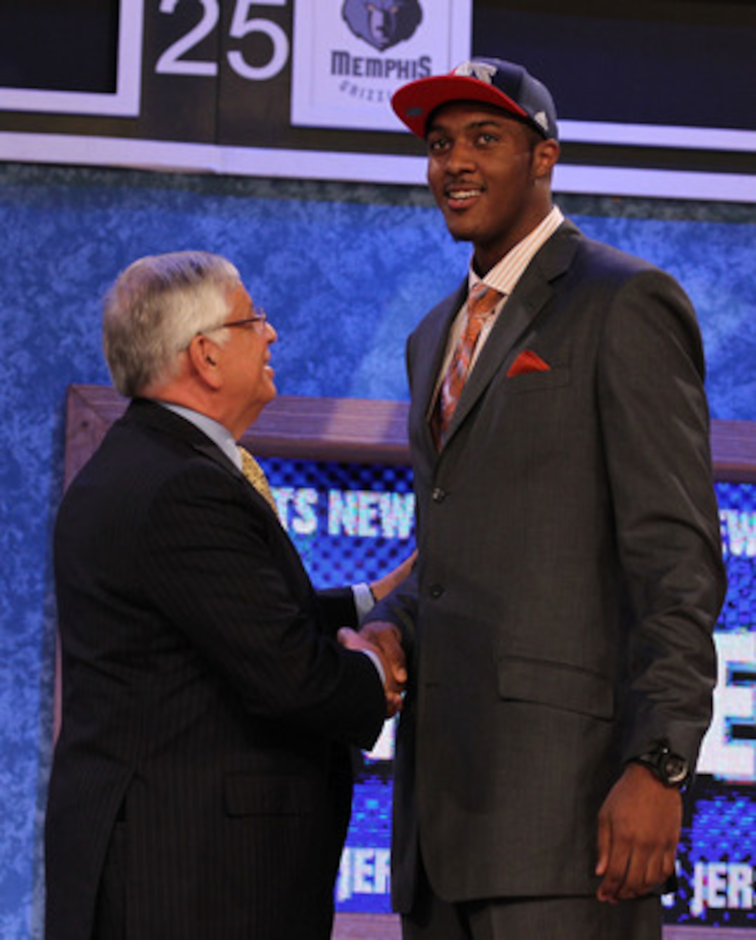 NEW YORK - JUNE 24:  Derrick Favors of Georgia State stands with NBA Commisioner David Stern after being drafted third overall by the New Jersey Nets at Madison Square Garden on June 24, 2010 in New York City.  NOTE TO USER: User expressly acknowledges an