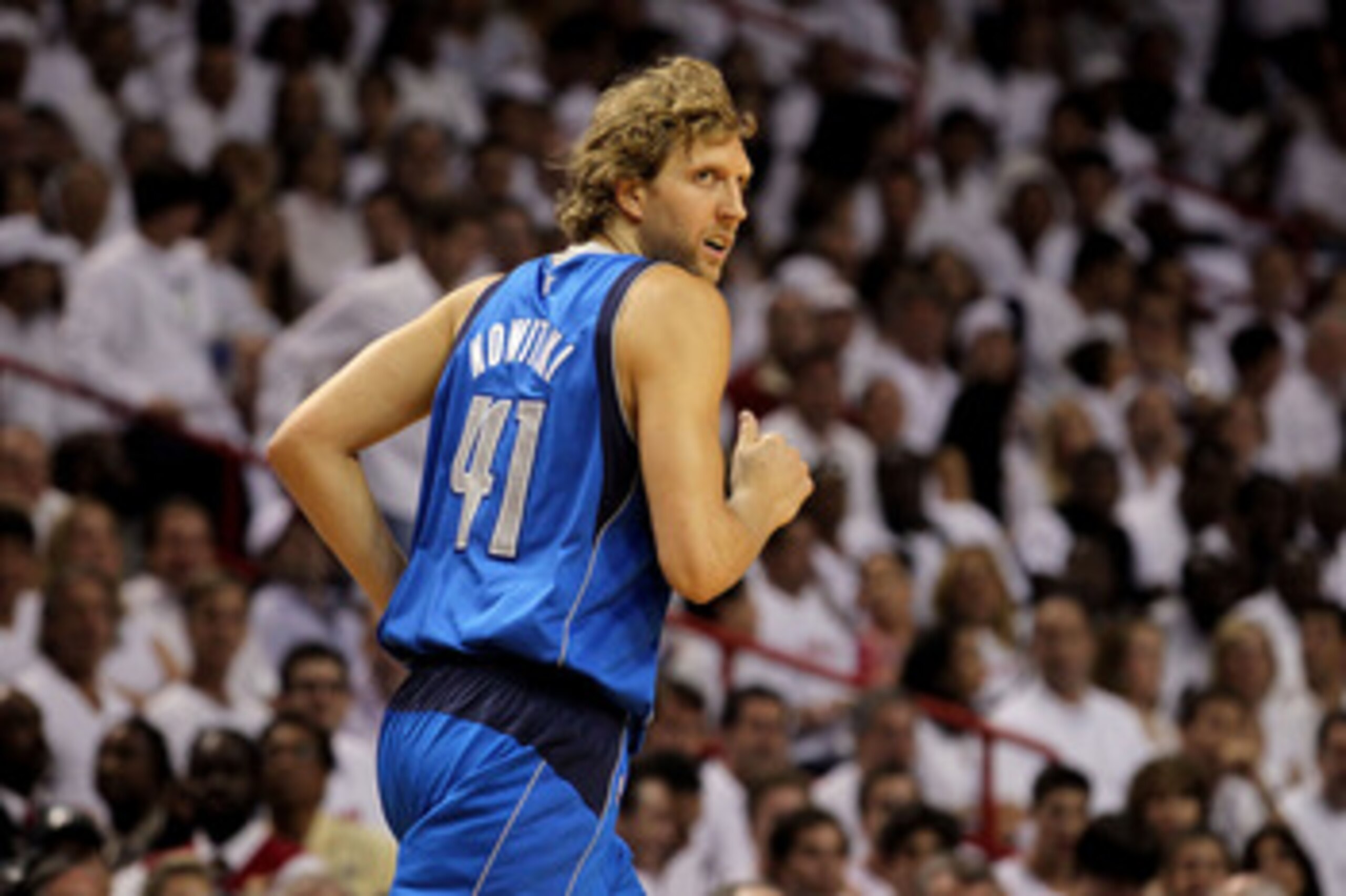MIAMI, FL - MAY 31:  Dirk Nowitzki #41 of the Dallas Mavericks runs back down court in the first half while taking on the Miami Heat in Game One of the 2011 NBA Finals at American Airlines Arena on May 31, 2011 in Miami, Florida. NOTE TO USER: User expres