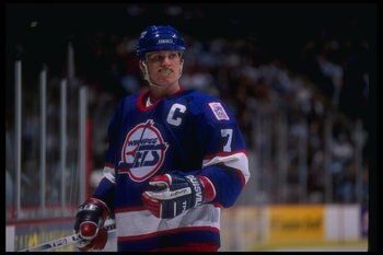 27 Jan 1995:  Leftwinger Keith Tkachuk of the Winnipeg Jets looks on during a game against the Anaheim Mighty Ducks at Arrowhead Pond in Anaheim, California.  The Ducks won the game, 3-2. Mandatory Credit: Al Bello  /Allsport