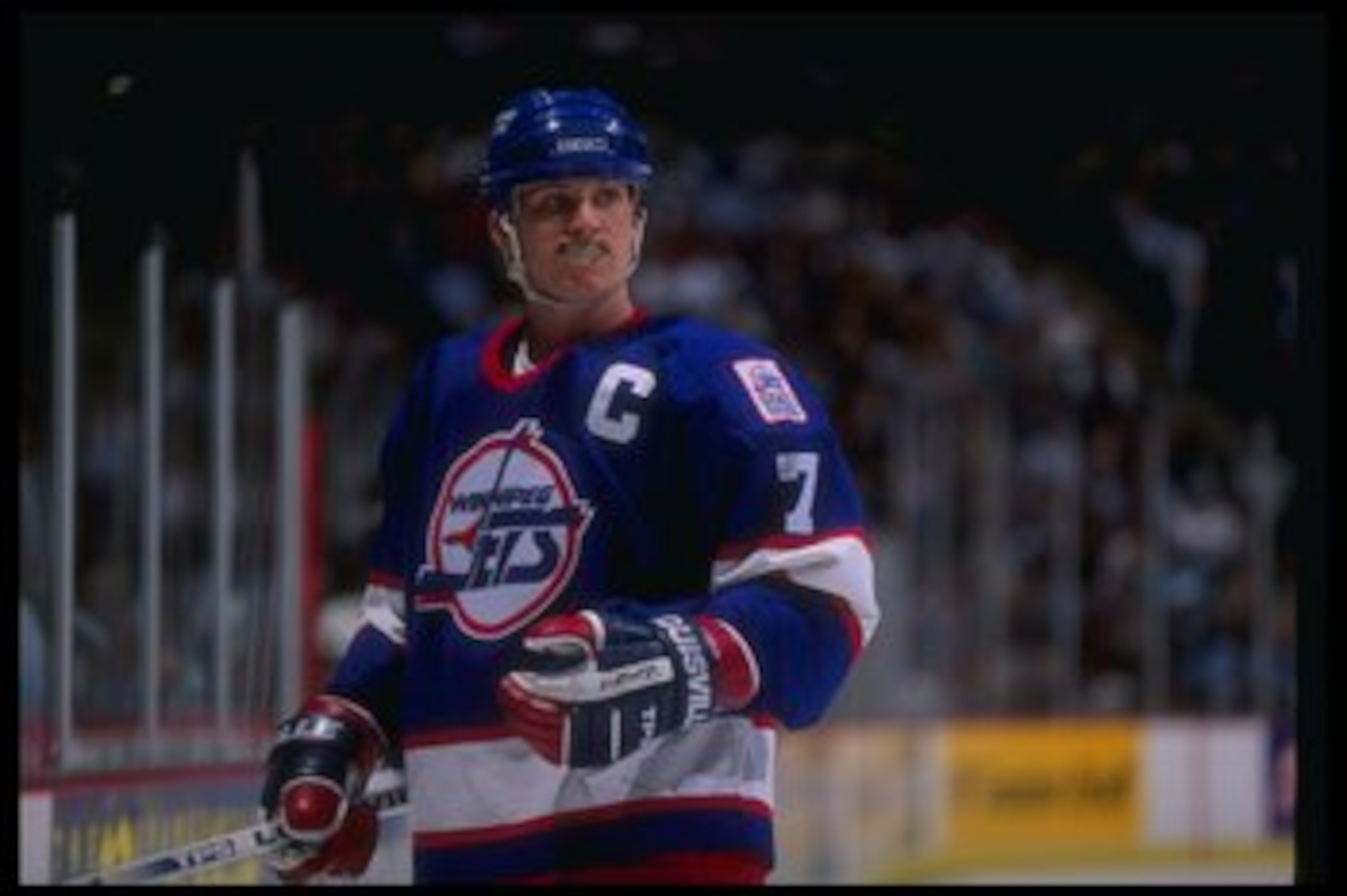 27 Jan 1995:  Leftwinger Keith Tkachuk of the Winnipeg Jets looks on during a game against the Anaheim Mighty Ducks at Arrowhead Pond in Anaheim, California.  The Ducks won the game, 3-2. Mandatory Credit: Al Bello  /Allsport