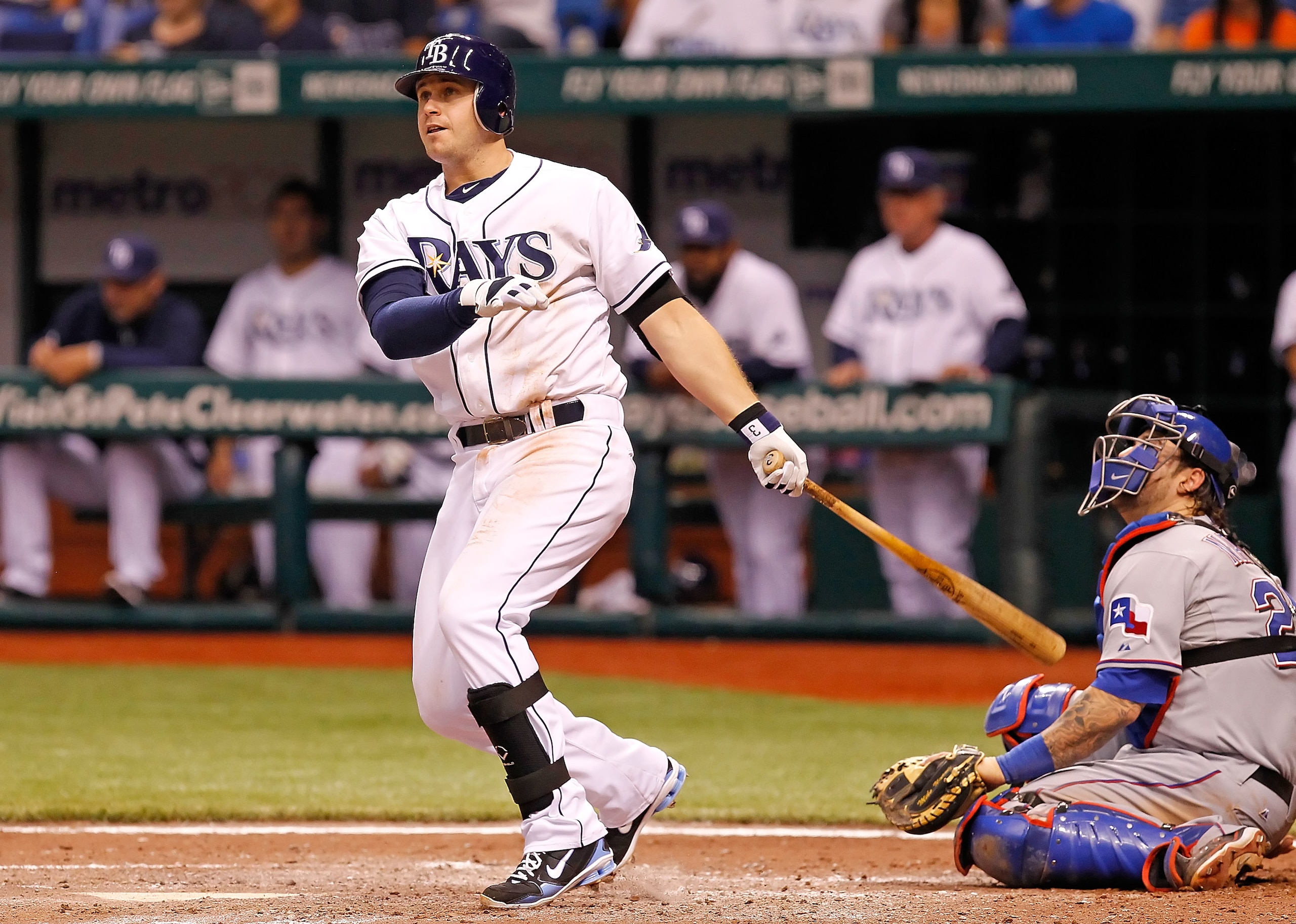 ST PETERSBURG, FL - MAY 31:  Infielder Evan Longoria #3 of the Tampa Bay Rays watches his eighth inning two run home run against the Texas Rangers during the game at Tropicana Field on May 31, 2011 in St. Petersburg, Florida.  (Photo by J. Meric/Getty Ima
