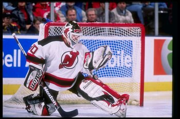 30 Nov 1997:  Goaltender Martin Broduer of the New Jersey Devils makes a save during a game against the New York Islanders at the Continental Airlines Arena in East Rutherford, New Jersey.  The Devils won the game 5-1. Mandatory Credit: Al Bello  /Allspor