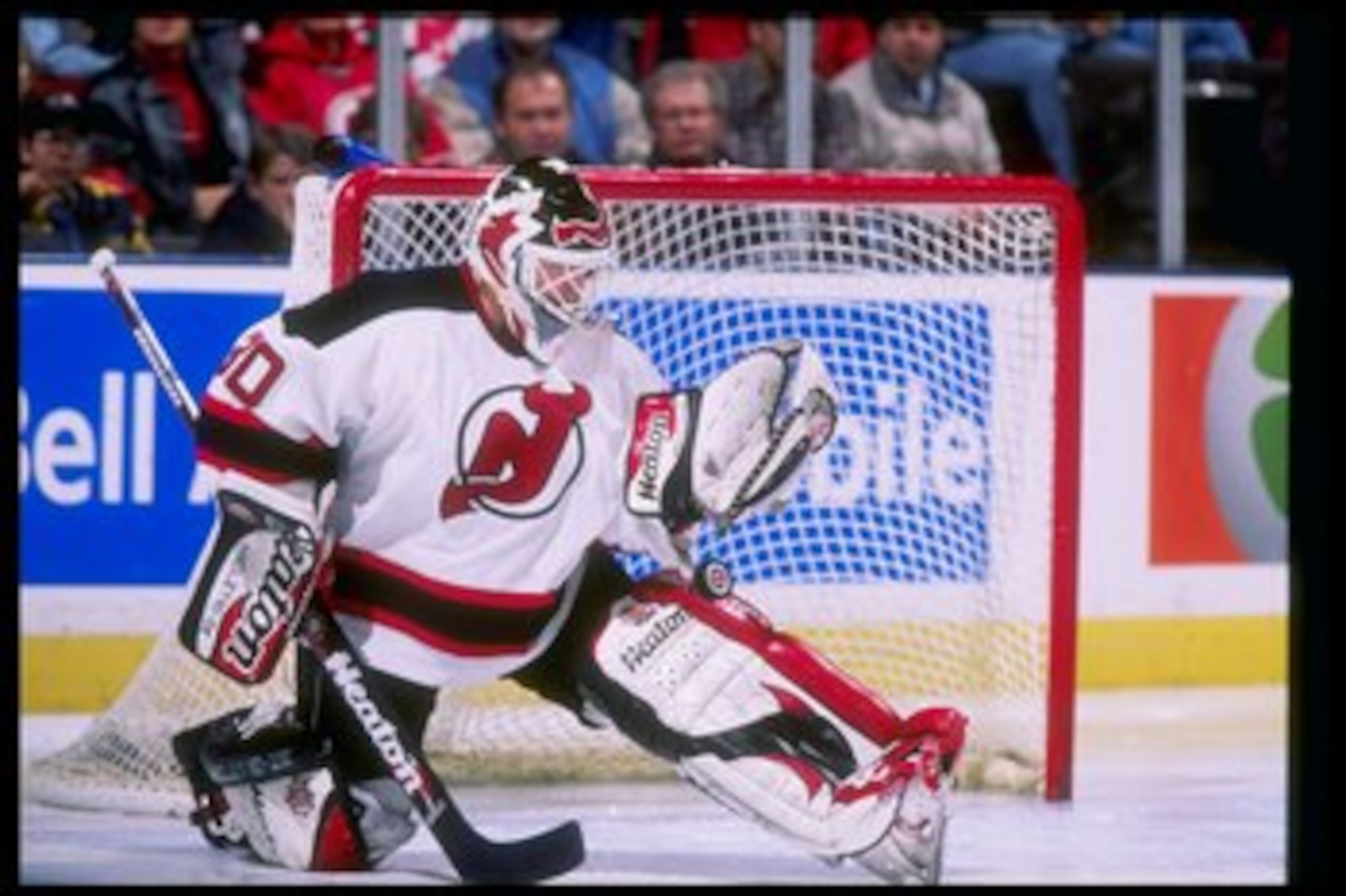 30 Nov 1997:  Goaltender Martin Broduer of the New Jersey Devils makes a save during a game against the New York Islanders at the Continental Airlines Arena in East Rutherford, New Jersey.  The Devils won the game 5-1. Mandatory Credit: Al Bello  /Allspor