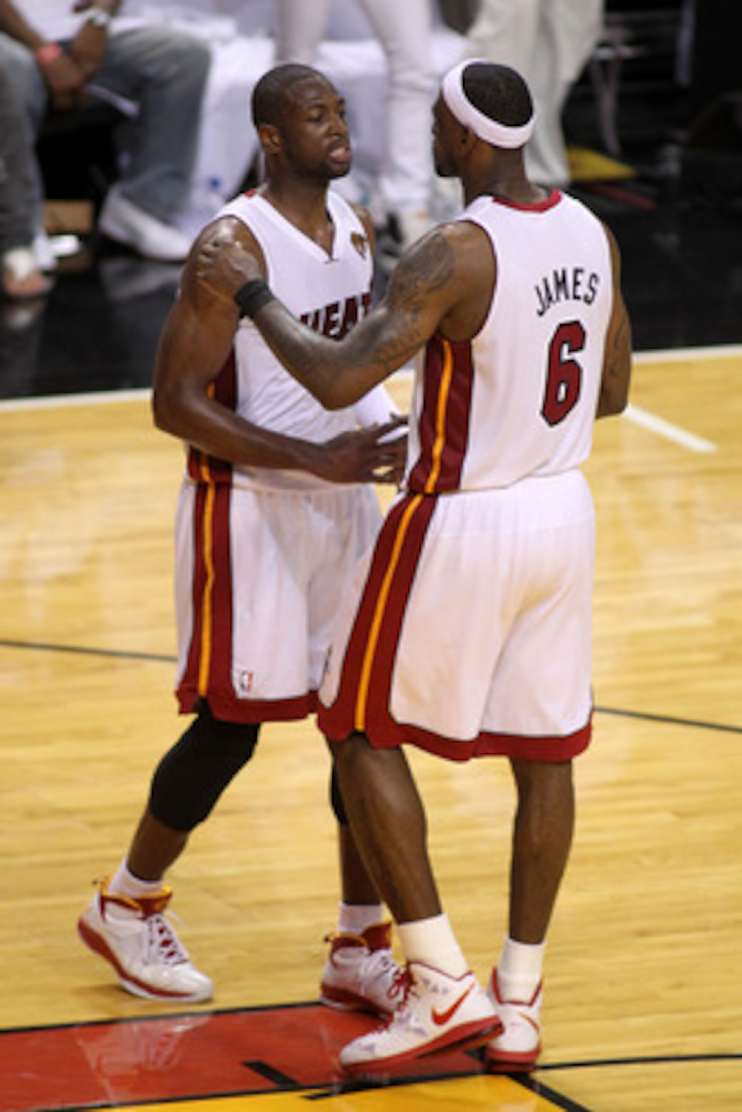 MIAMI, FL - MAY 31:  LeBron James #6 and Dwyane Wade #3 of the Miami Heat hug after the Heat defeat the Dallas Mavericks 92-84 in Game One of the 2011 NBA Finals at American Airlines Arena on May 31, 2011 in Miami, Florida. NOTE TO USER: User expressly ac