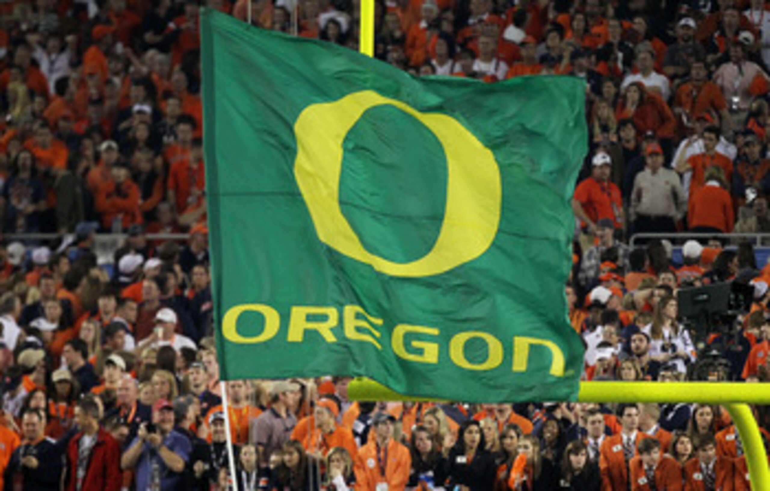 GLENDALE, AZ - JANUARY 10:  An Oregon Ducks flag is displayed at the Tostitos BCS National Championship Game against the Auburn Tigers at University of Phoenix Stadium on January 10, 2011 in Glendale, Arizona.  (Photo by Jonathan Ferrey/Getty Images)