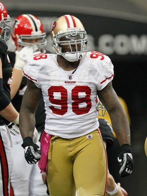 ATLANTA - OCTOBER 03:  Parys Haralson #98 of the San Francisco 49ers against the Atlanta Falcons at Georgia Dome on October 3, 2010 in Atlanta, Georgia.  (Photo by Kevin C. Cox/Getty Images)