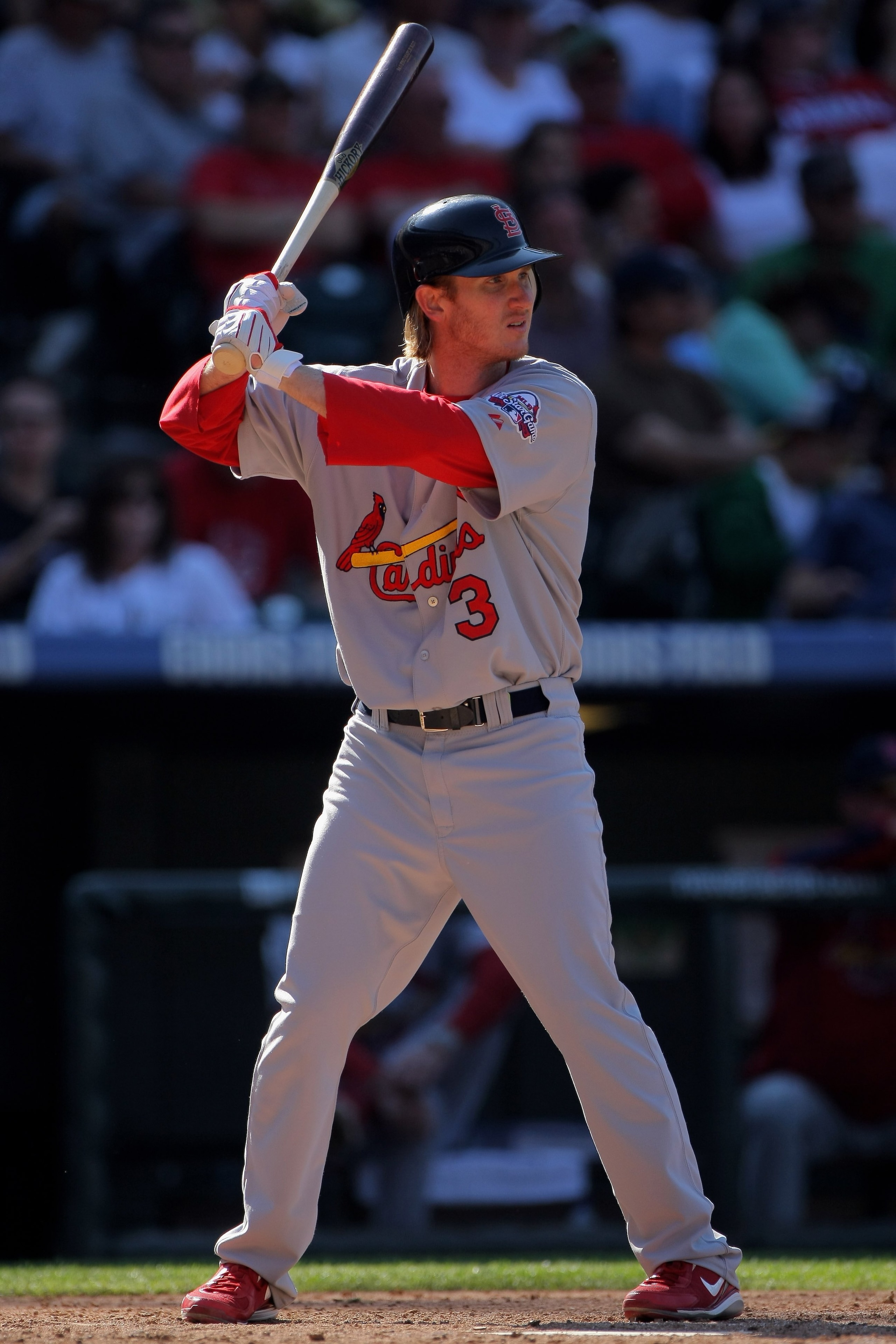 DENVER - SEPTEMBER 27:  Khalil Greene #3 of the St. Louis Cardinals takes an at bat against the Colorado Rockies at Coors Field on September 27, 2009 in Denver, Colorado. The Rockies defeated the Cardinals 4-3.  (Photo by Doug Pensinger/Getty Images)