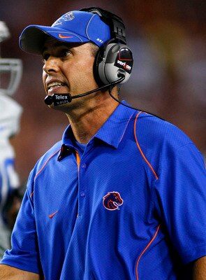 LANDOVER, MD - SEPTEMBER 06:  Boise State Broncos head coach Chris Petersen watches from the sidelines against the Virginia Tech Hokies at FedExField on September 6, 2010 in Landover, Maryland.  (Photo by Geoff Burke/Getty Images)