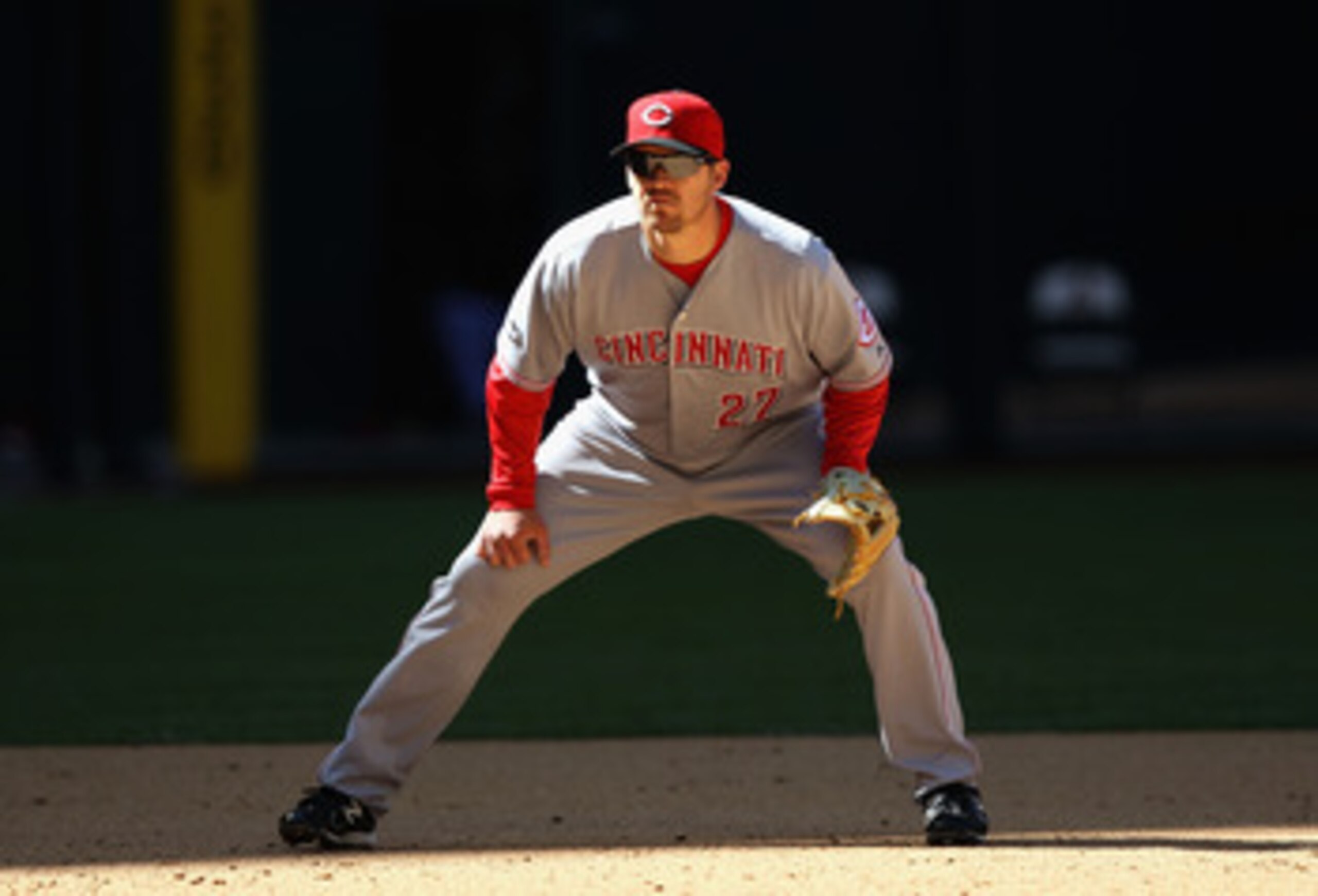 PHOENIX, AZ - APRIL 10:  Infielder Scott Rolen #27 of the Cincinnati Reds in action during the Major League Baseball game against the Arizona Diamondbacks at Chase Field on April 10, 2011 in Phoenix, Arizona.  The Diamondbacks defeated the Reds 10-8.  (Ph