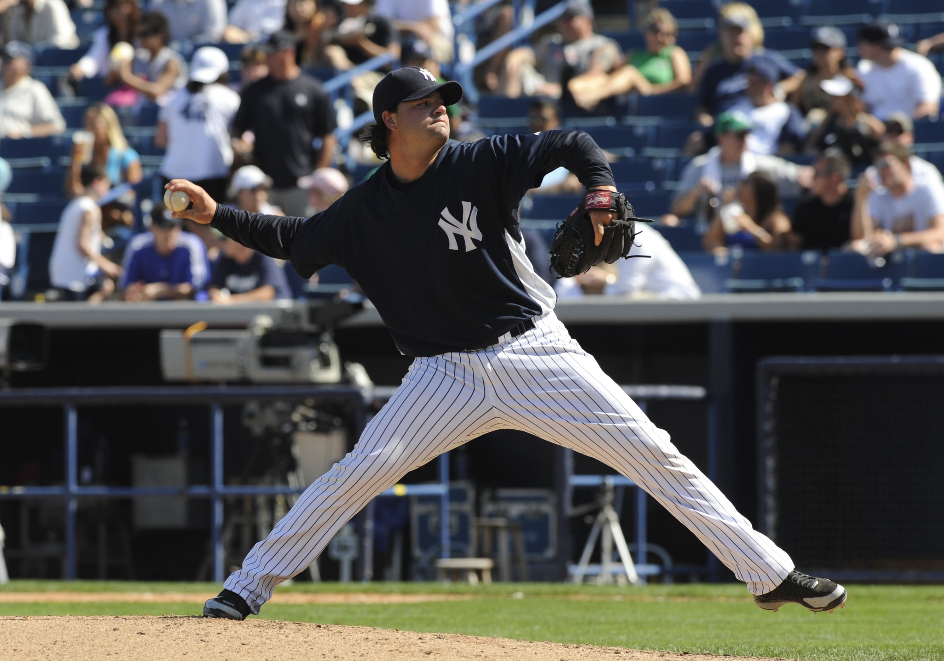 TAMPA, FL -  MARCH 17:  Pitcher Brian Bruney #33 of the New York Yankees throws in relief against the Boston Red Sox on March 17, 2008 at Legends Field in Tampa, Florida.  The Yankees won 8 - 4.. (Photo by Al Messerschmidt/Getty Images)