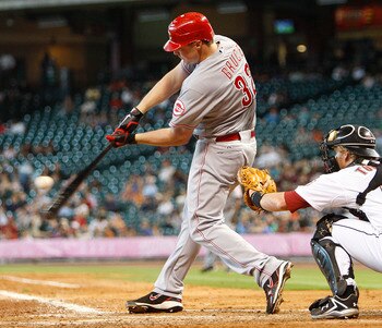 HOUSTON - MAY 11:  Jay Bruce #32 of the Cincinnati Reds grounds out to first base against the Houston Astros at Minute Maid Park on May 11, 2011 in Houston, Texas.  (Photo by Bob Levey/Getty Images)