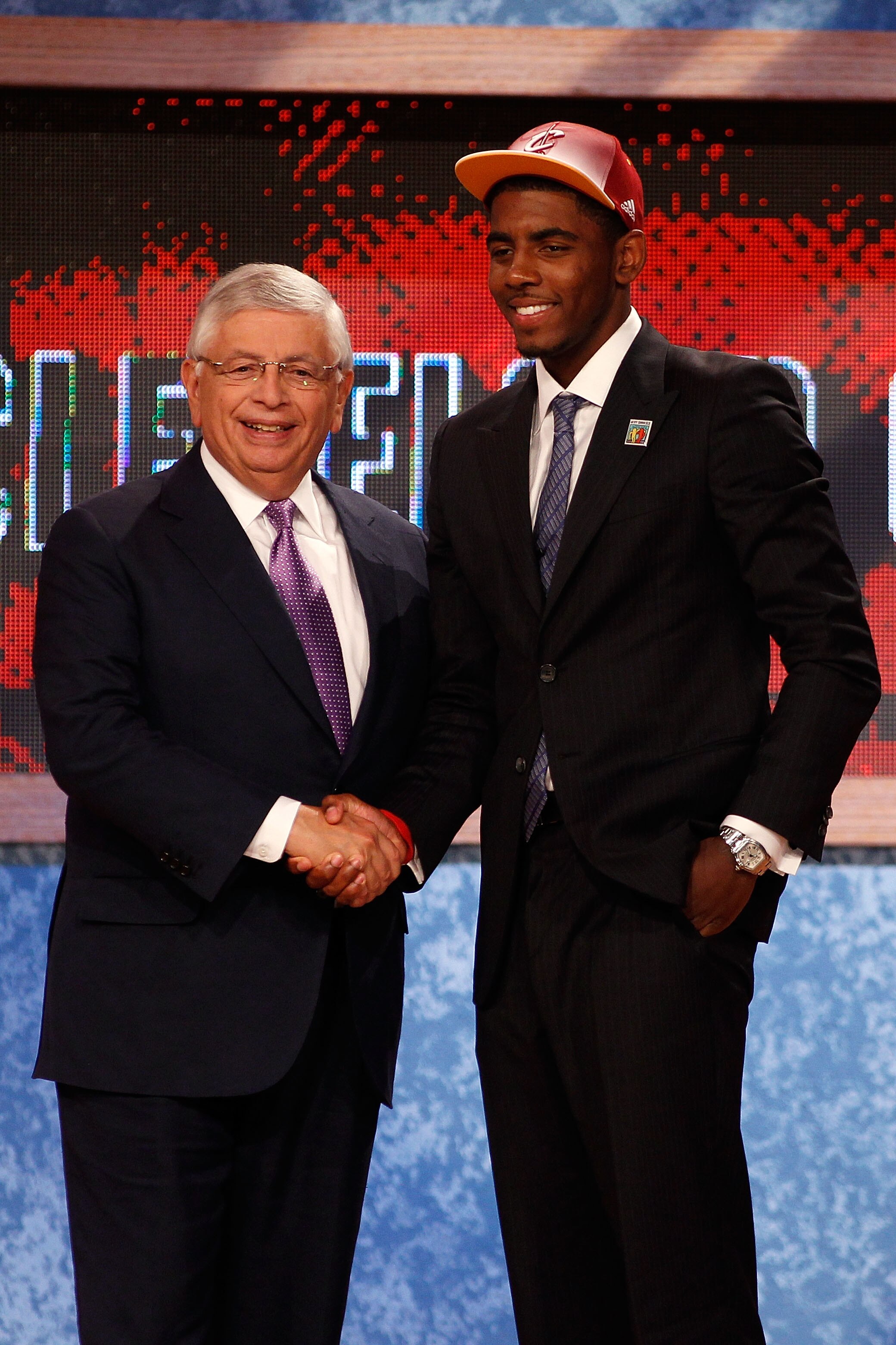 NEWARK, NJ - JUNE 23:  Kyrie Irving (R) from Duke greets NBA Commissioner David Stern after he was selected number one overall by the Cleveland Cavaliers in the first round during the 2011 NBA Draft at the Prudential Center on June 23, 2011 in Newark, New
