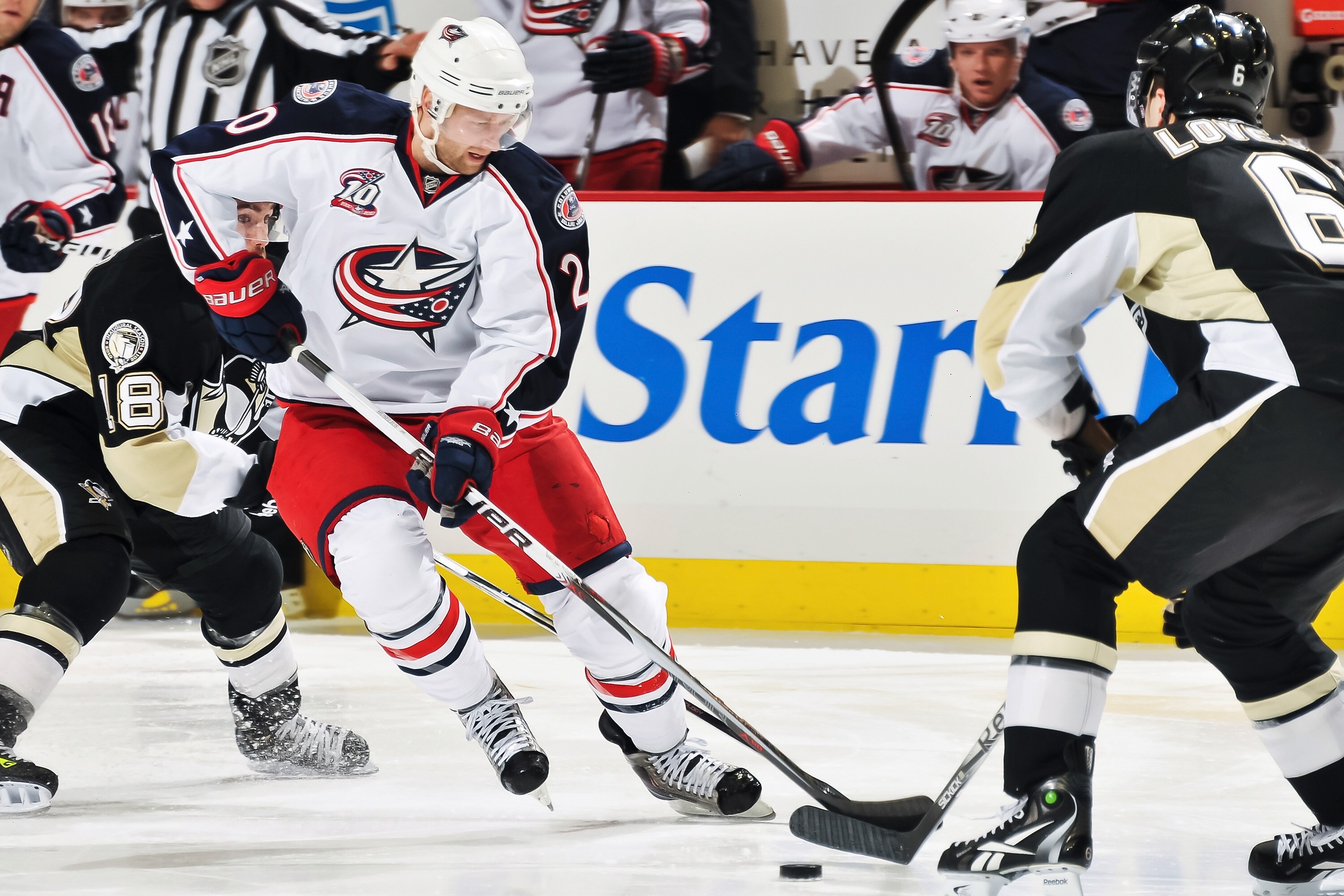 PITTSBURGH, PA - FEBRUARY 8:  Kristian Huselius #20 of the Columbus Blue Jackets skates with the puck against the Pittsburgh Penguins on February 8, 2011 at CONSOL Energy Center in Pittsburgh, Pennsylvania.  (Photo by Jamie Sabau/Getty Images)