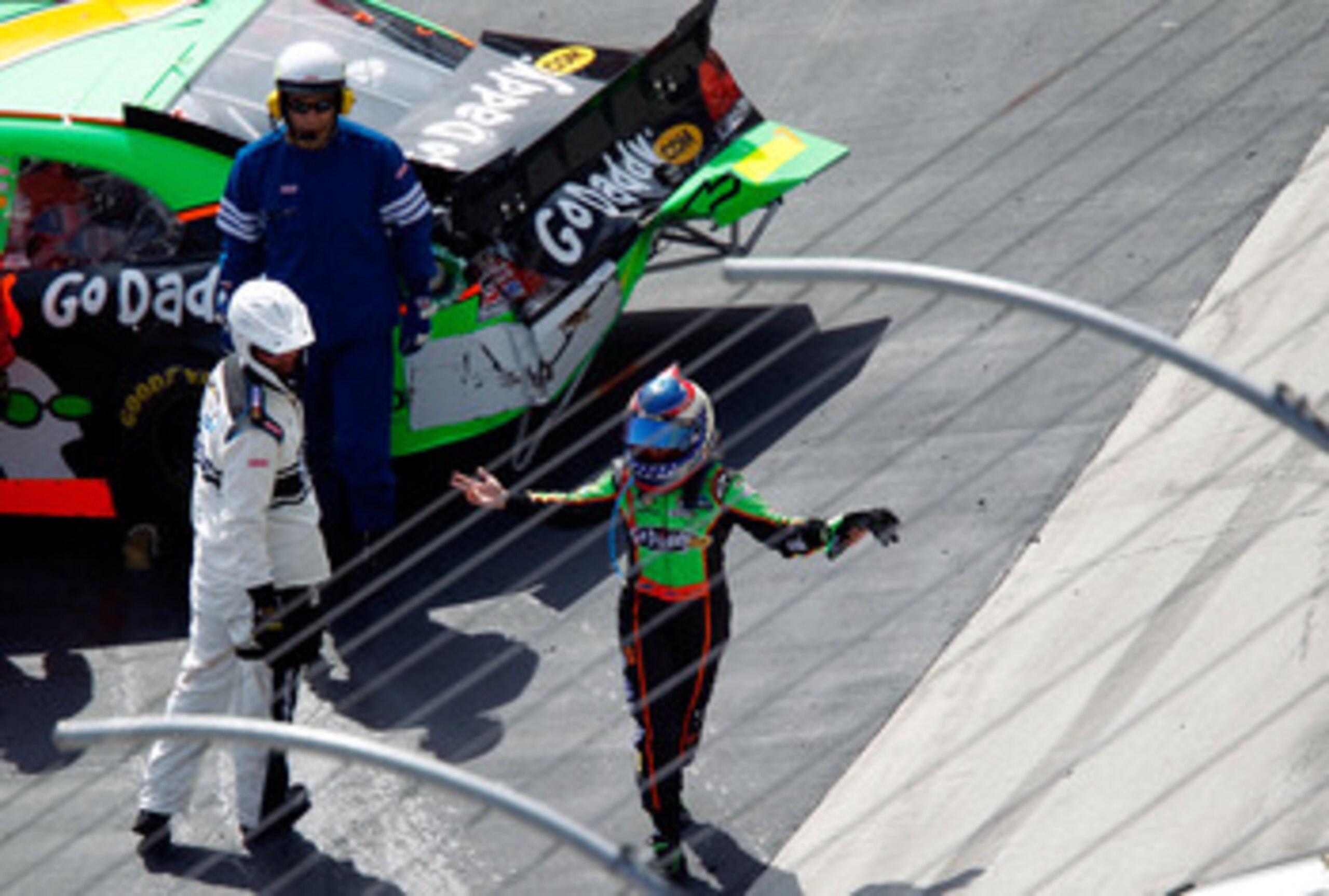 BRISTOL, TN - MARCH 19:  Danica Patrick (L), driver of the #7 GoDaddy.com Chevrolet, gestures after an incident in the NASCAR Nationwide Series Scotts EZ Seed 300 at Bristol Motor Speedway on March 19, 2011 in Bristol, Tennessee.  (Photo by Geoff Burke/Ge