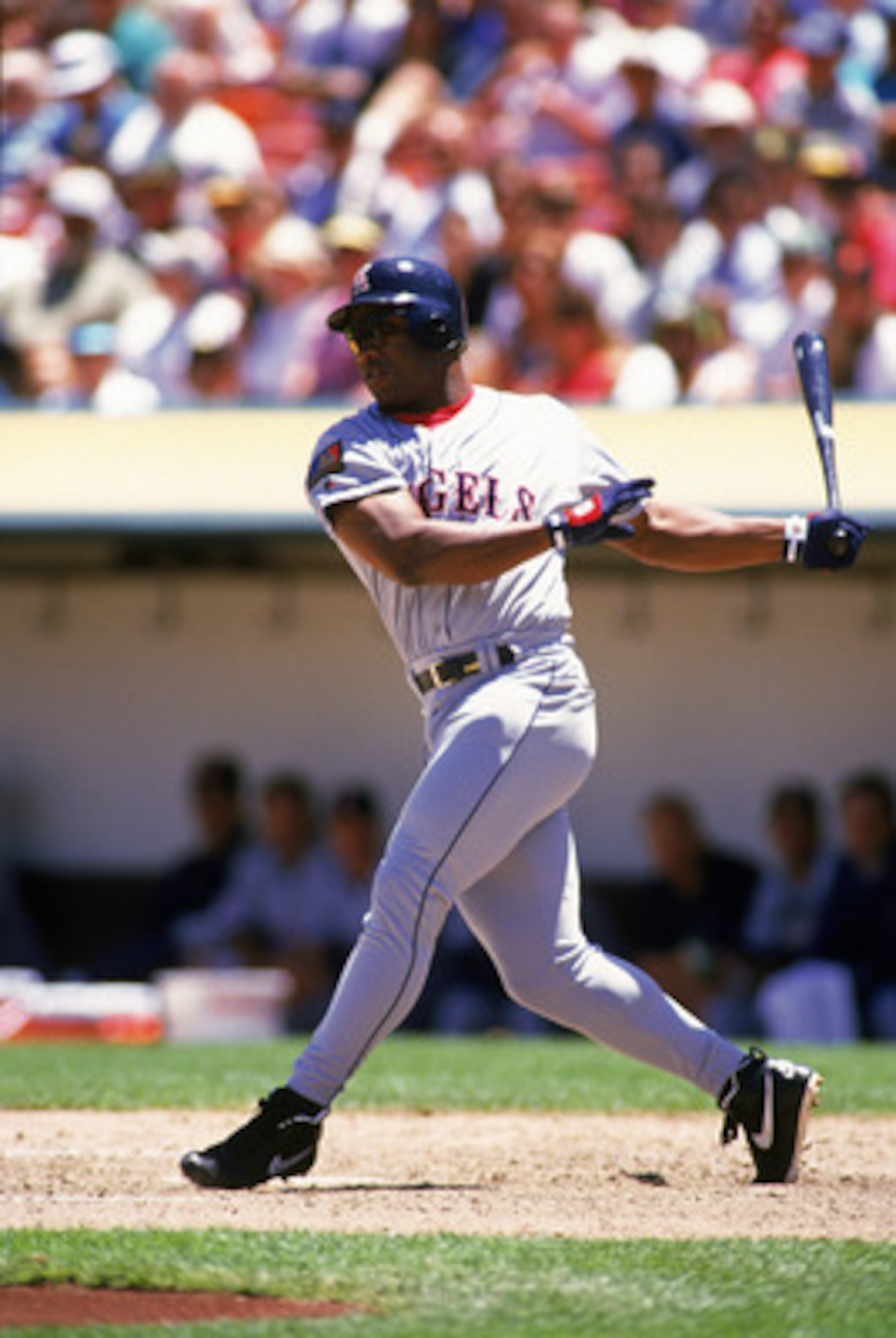 OAKLAND, CA - JUNE 29:  Bo Jackson #22 of the California Angels swings during a game against the Oakland Athletics at Network Associates Coliseum on June 29, 1994 in Oakland, California. (Photo by Otto Greule Jr/Getty Images)