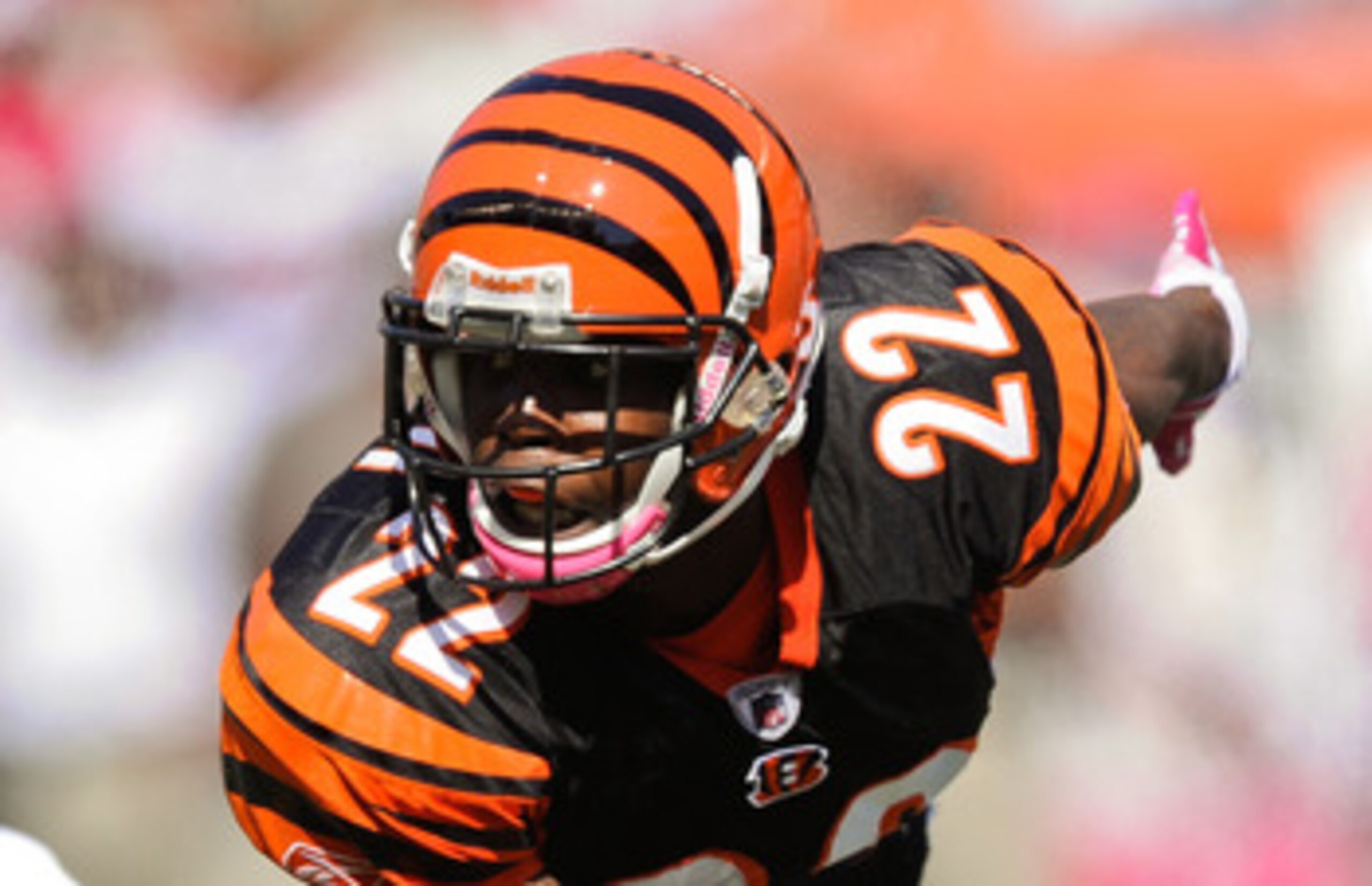 CINCINNATI, OH - OCTOBER 10: Johnathan Joseph #22 of the Cincinnati Bengals returns an interception against the Tampa Bay Buccaneers at Paul Brown Stadium on October 10, 2010 in Cincinnati, Ohio. (Photo by Jamie Sabau/Getty Images)