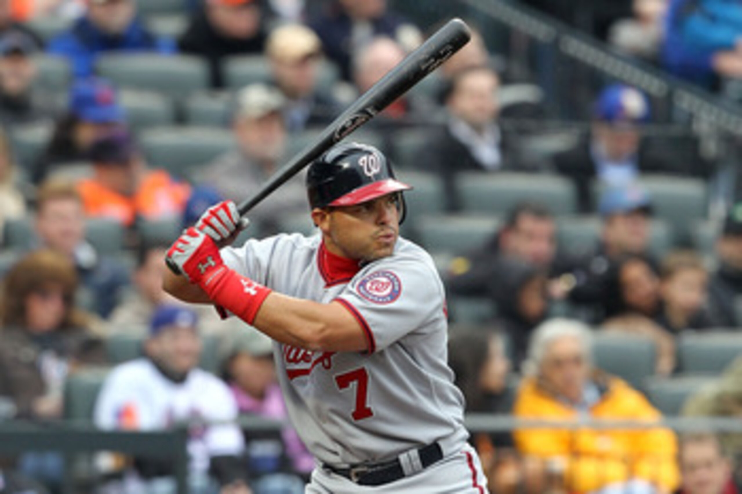 NEW YORK, NY - APRIL 08:  Ivan Rodriguez #7 of the Washington Nationals bats against the New York Mets during the Mets' Home Opener at Citi Field on April 8, 2011 in the Flushing neighborhood of Queens in New York City. The Nationals won 6-2.  (Photo by A