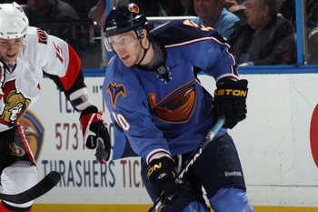 ATLANTA, GA - MARCH 27: Bryan Little #10 of the Atlanta Thrashers skates against the Ottawa Senators at the Philips Arena on March 27, 2011 in Atlanta, Georgia. The Thrashers defeated the 5-4 in the shoot out.  (Photo by Bruce Bennett/Getty Images)