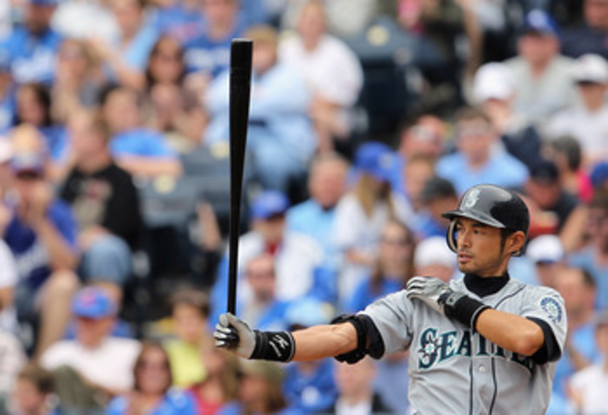 KANSAS CITY, MO - APRIL 17:  Ichiro Suzuki #51 of the Seattle Mariners bats during the game against the Kansas City Royals on April 17, 2011 at Kauffman Stadium in Kansas City, Missouri.  (Photo by Jamie Squire/Getty Images)