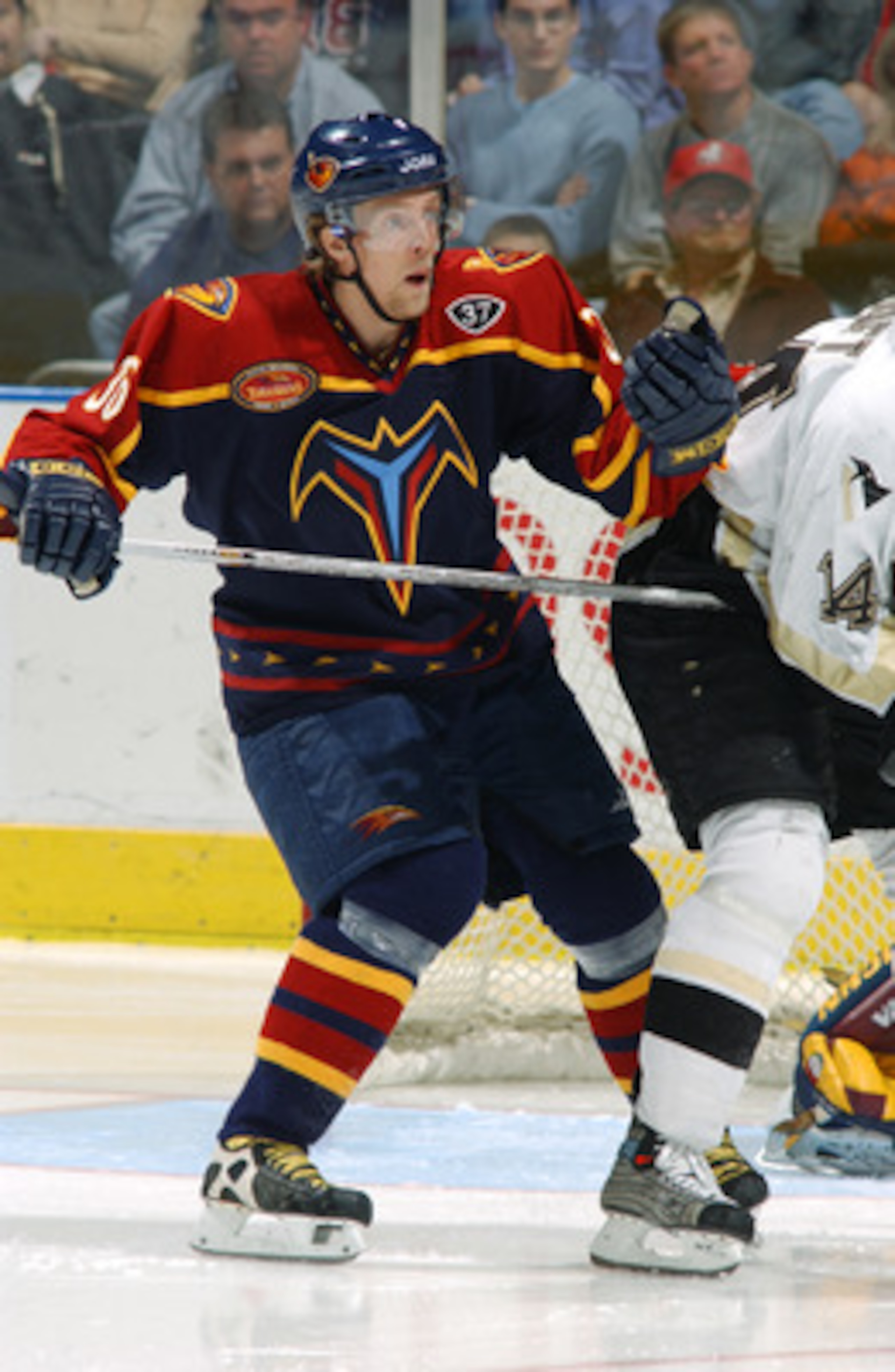 ATLANTA - APRIL 2:  Daniel Tjarnqvist #36 of the Atlanta Thrashers defends the slot against the Pittsburgh Penguins on April 2, 2004 at the Philips Arena in Atlanta, Georgia.  The Penguins defeated the Thrashers 3-2.  (Photo by Scott Cunningham/Getty Imag