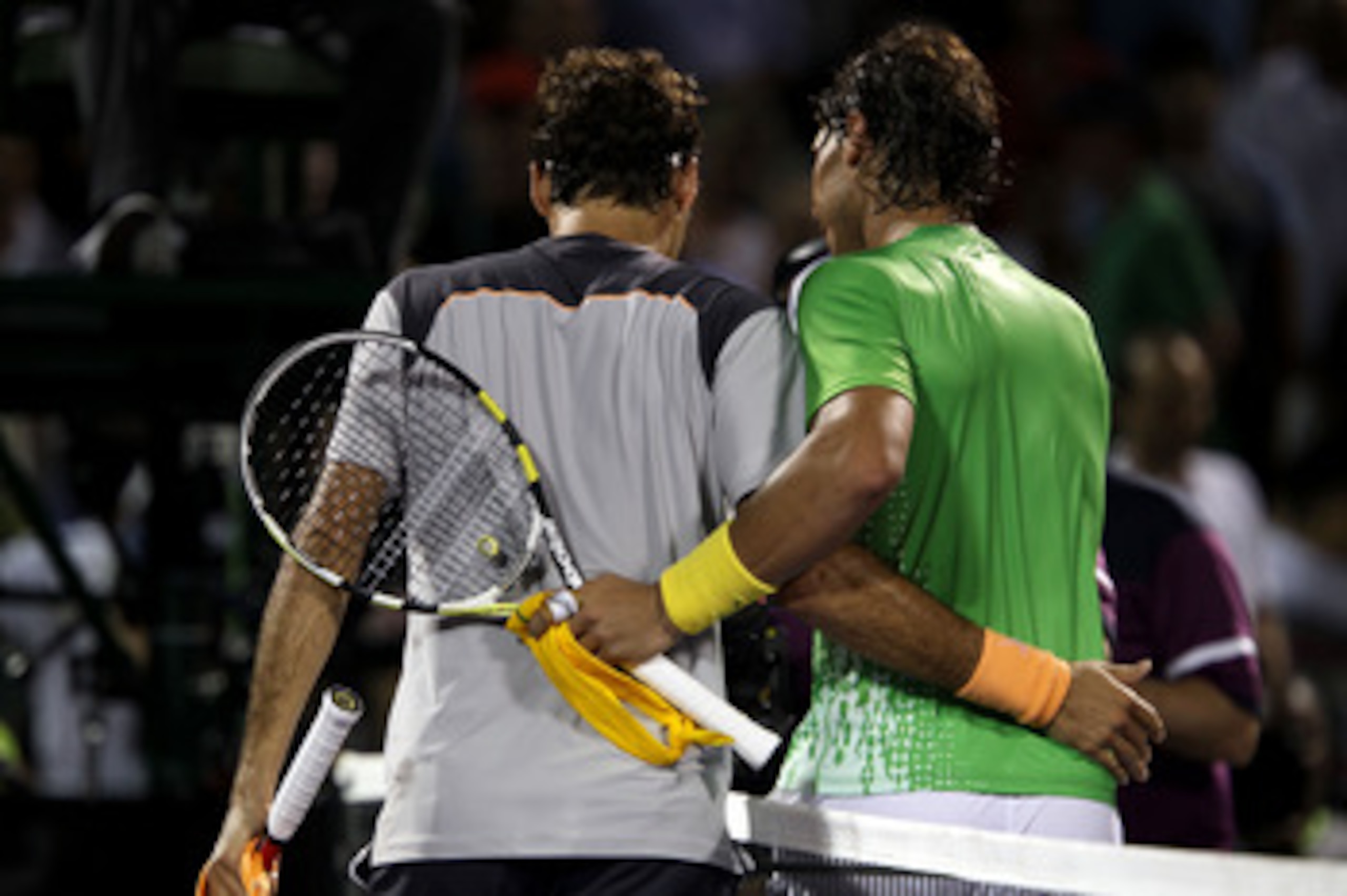 KEY BISCAYNE, FL - APRIL 01:  Rafael Nadal (R) of Spain and Roger Federer of Switzerland walk off the court after Nadal won their men's semifinal singles match during the Sony Ericsson Open at Crandon Park Tennis Center on April 1, 2011 in Key Biscayne, F