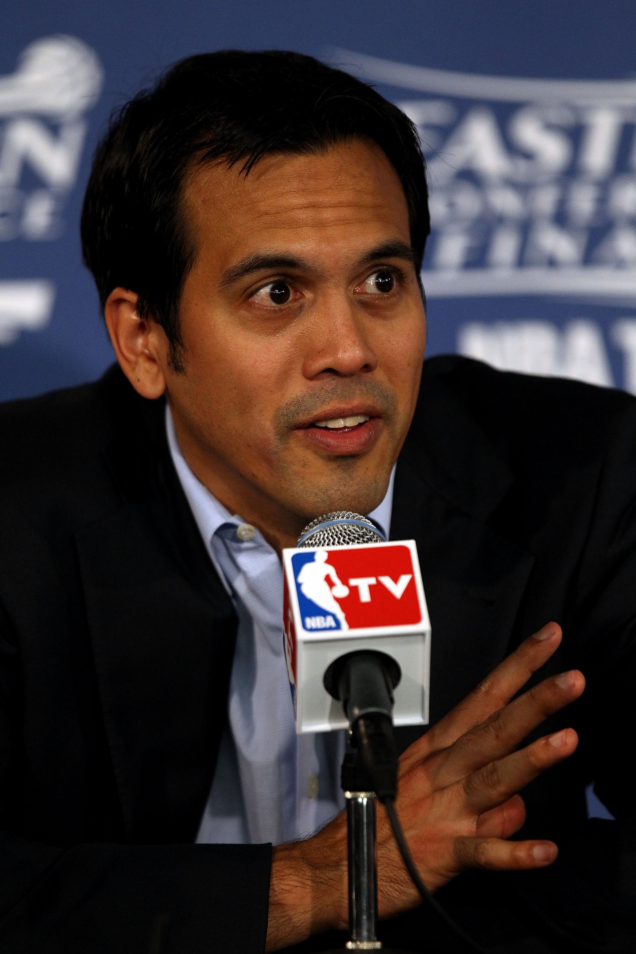 CHICAGO, IL - MAY 26:  Head coach Erik Spoelstra of the Miami Heat answers questions from the media after the Heat won 83-80 against the Chicago Bulls in Game Five of the Eastern Conference Finals during the 2011 NBA Playoffs on May 26, 2011 at the United