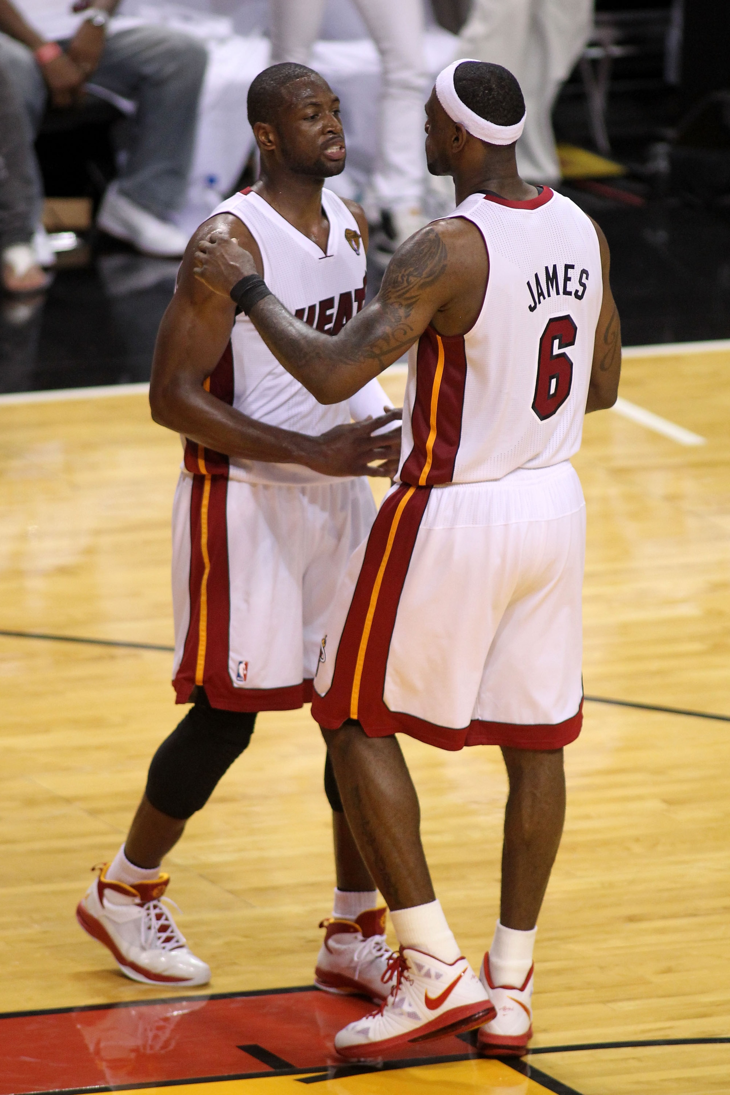 MIAMI, FL - MAY 31:  LeBron James #6 and Dwyane Wade #3 of the Miami Heat hug after the Heat defeat the Dallas Mavericks 92-84 in Game One of the 2011 NBA Finals at American Airlines Arena on May 31, 2011 in Miami, Florida. NOTE TO USER: User expressly ac