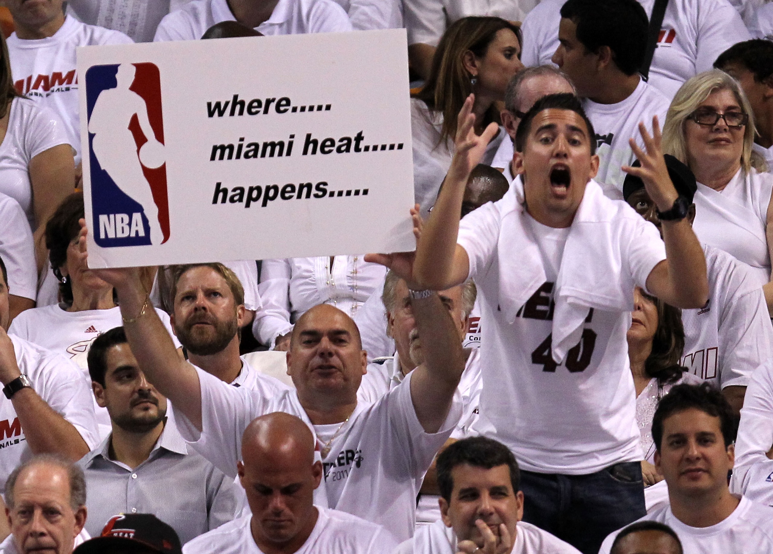 MIAMI, FL - MAY 31:  Fans of the Miami Heat react in the second half while taking on the Dallas Mavericks in Game One of the 2011 NBA Finals at American Airlines Arena on May 31, 2011 in Miami, Florida. NOTE TO USER: User expressly acknowledges and agrees