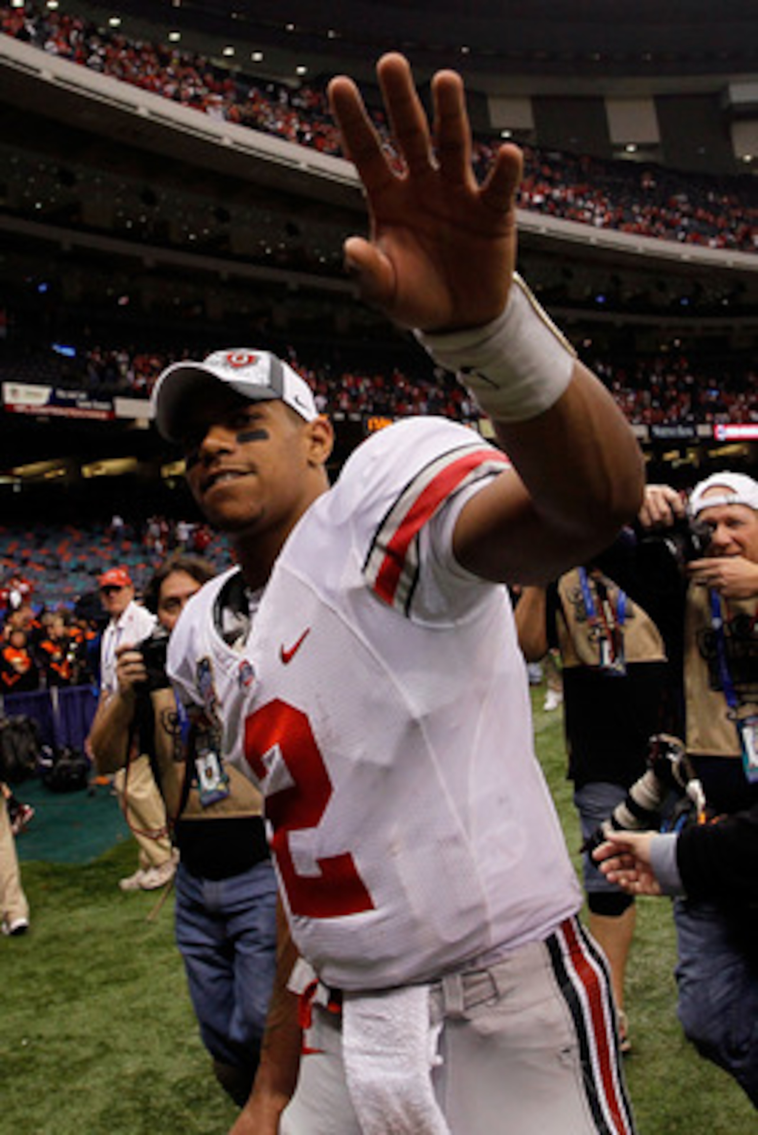 NEW ORLEANS, LA - JANUARY 04: Quarterback Terrelle Pryor #2 of the Ohio State Buckeyes celebrates the Buckeyes 31-26 victory against the Arkansas Razorbacks during the Allstate Sugar Bowl at the Louisiana Superdome on January 4, 2011 in New Orleans, Loui NEW ORLEANS, LA - JANUARY 04: Quarterback Terrelle Pryor #2 of the Ohio State Buckeyes celebrates the Buckeyes 31-26 victory against the Arkansas Razorbacks during the Allstate Sugar Bowl at the Louisiana Superdome on January 4, 2011 in New Orleans, Loui