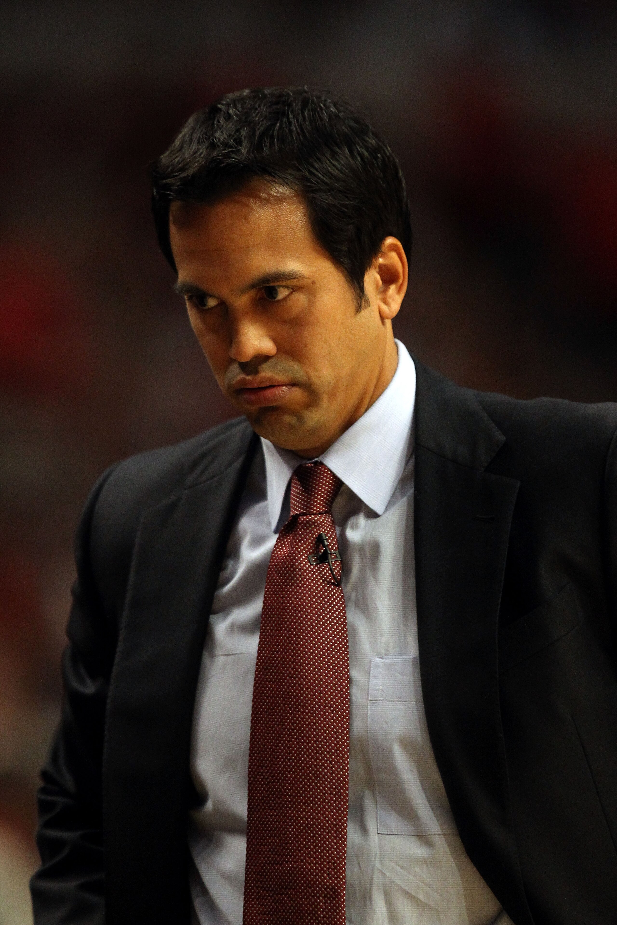 CHICAGO, IL - MAY 26:  Head coach Erik Spoelstra of the Miami Heat looks on against the Chicago Bulls in Game Five of the Eastern Conference Finals during the 2011 NBA Playoffs on May 26, 2011 at the United Center in Chicago, Illinois. NOTE TO USER: User