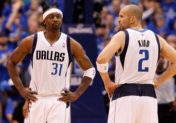 DALLAS, TX - MAY 25: Jason Terry #31 of the Dallas Mavericks reacts alongside teammate Jason Kidd #2 in the first half while taking on the Oklahoma City Thunder in Game Five of the Western Conference Finals during the 2011 NBA Playoffs at American Airlin DALLAS, TX - MAY 25: Jason Terry #31 of the Dallas Mavericks reacts alongside teammate Jason Kidd #2 in the first half while taking on the Oklahoma City Thunder in Game Five of the Western Conference Finals during the 2011 NBA Playoffs at American Airlin