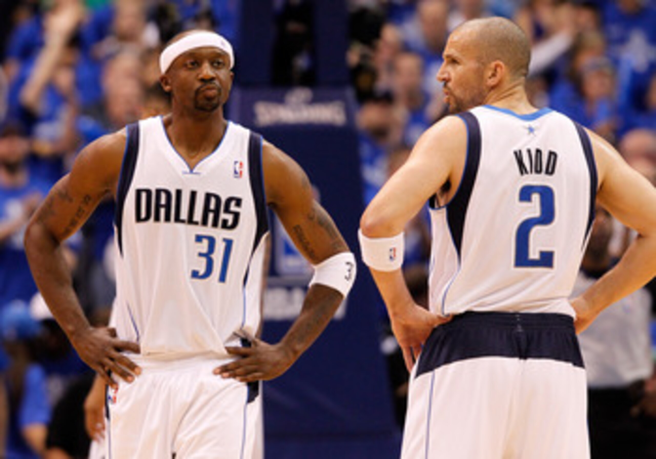 DALLAS, TX - MAY 25:  Jason Terry #31 of the Dallas Mavericks reacts alongside teammate Jason Kidd #2 in the first half while taking on the Oklahoma City Thunder in Game Five of the Western Conference Finals during the 2011 NBA Playoffs at American Airlin