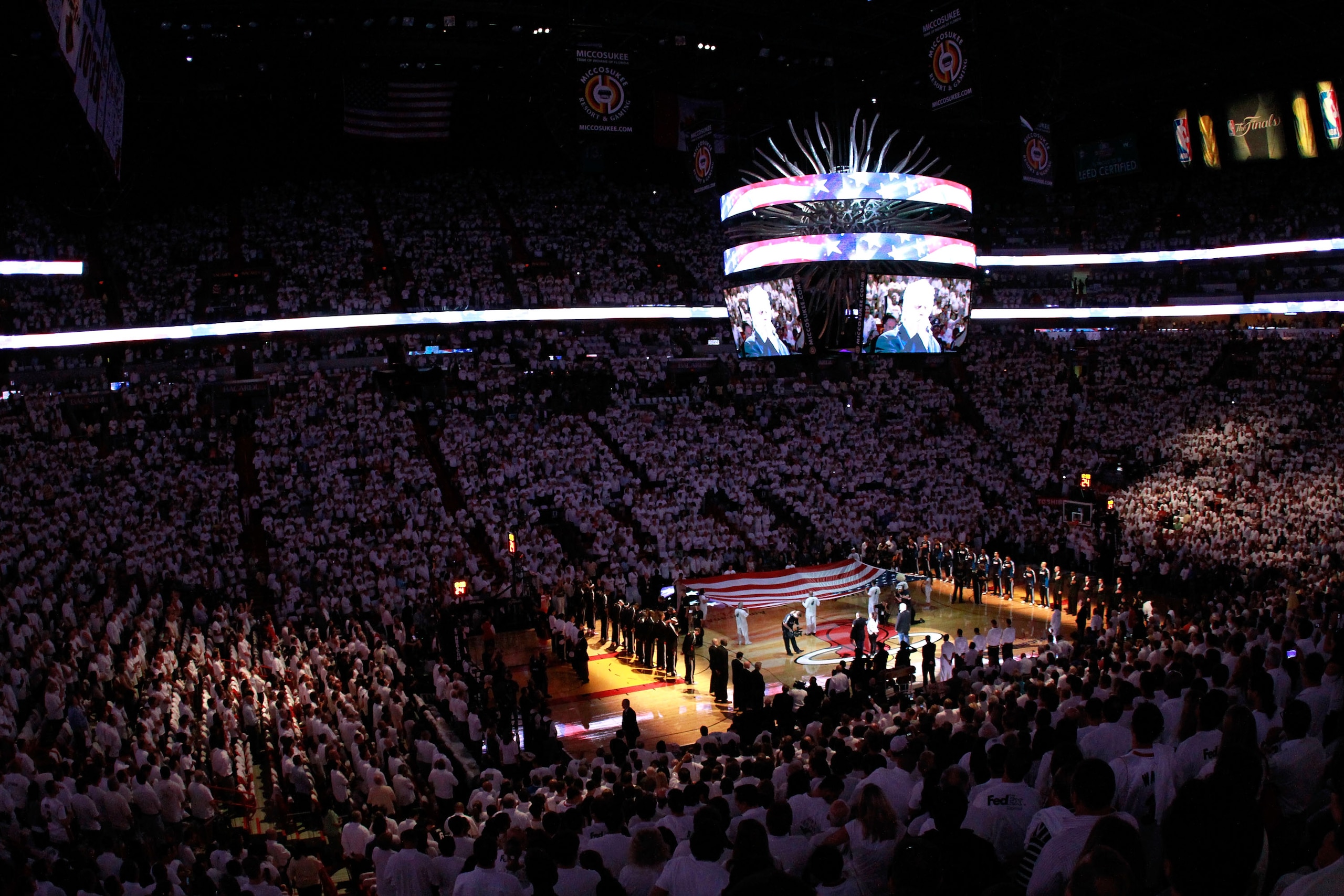MIAMI, FL - MAY 31:  A general view as singer Michael McDonald performs the national anthem before Game One of the 2011 NBA Finals between the Dallas Mavericks and the Miami Heat at American Airlines Arena on May 31, 2011 in Miami, Florida. NOTE TO USER:
