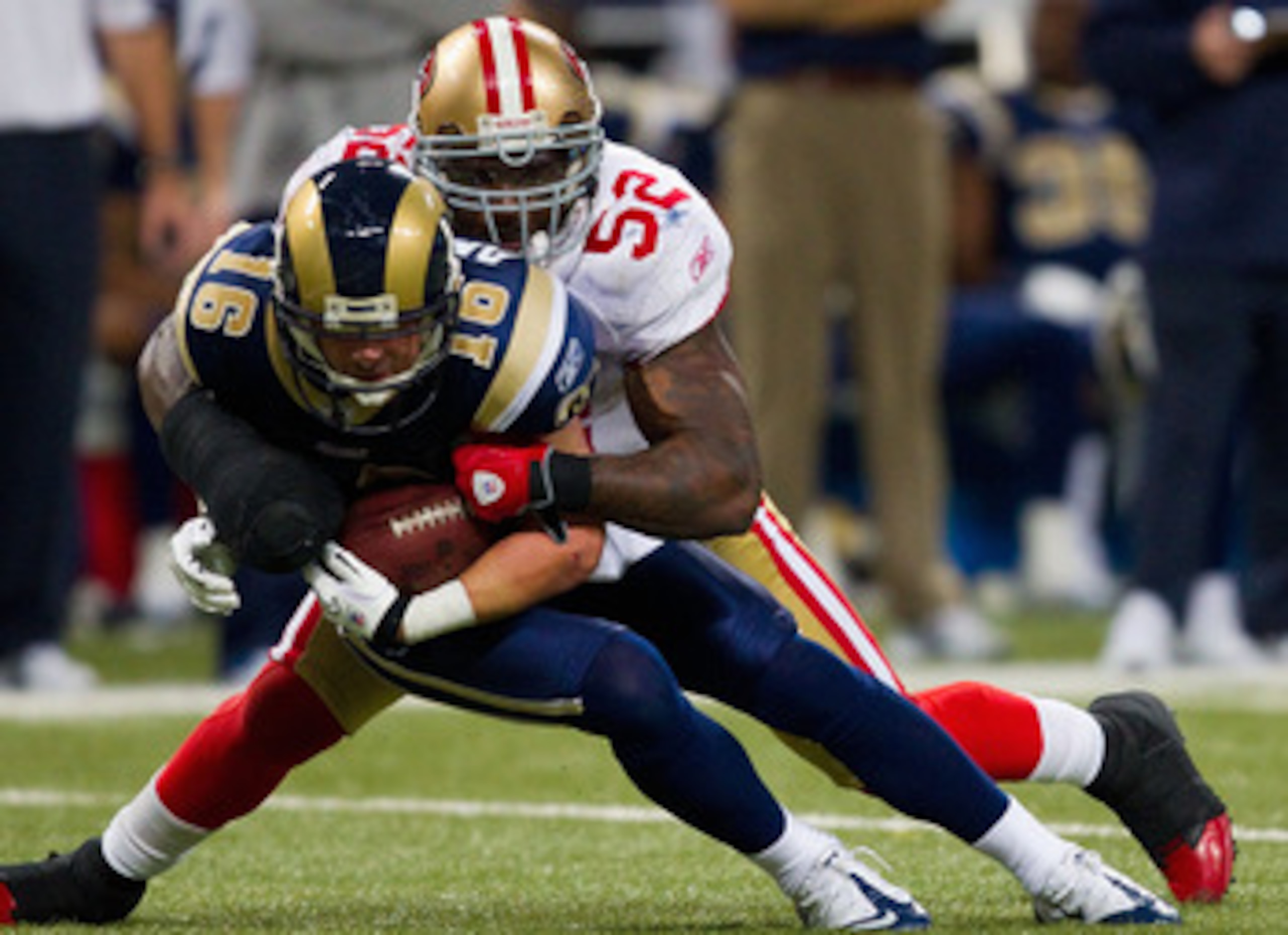 ST. LOUIS, MO - DECEMBER 26: Patrick Willis #52 of the San Francisco 49ers tackles Danny Amendola #16 of the St. Louis Rams at the Edward Jones Dome on December 26, 2010 in St. Louis, Missouri. The Rams beat the 49ers 25-17. (Photo by Dilip Vishwanat/Gett ST. LOUIS, MO - DECEMBER 26: Patrick Willis #52 of the San Francisco 49ers tackles Danny Amendola #16 of the St. Louis Rams at the Edward Jones Dome on December 26, 2010 in St. Louis, Missouri. The Rams beat the 49ers 25-17. (Photo by Dilip Vishwanat/Gett